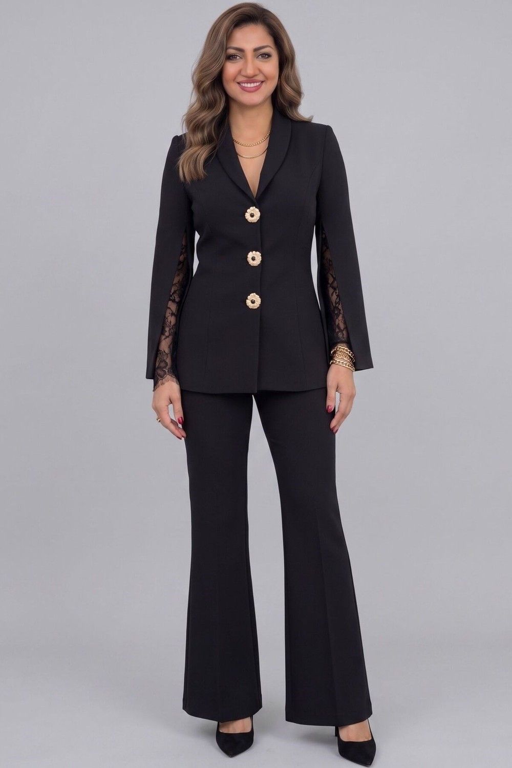 Zishan Fashion Kadın Krep Ceket Pantolon Ikili Takım, Pelerin Kol Dantel Detaylı Şık Büyük Beden Abiye Takım 36011 görsel 7