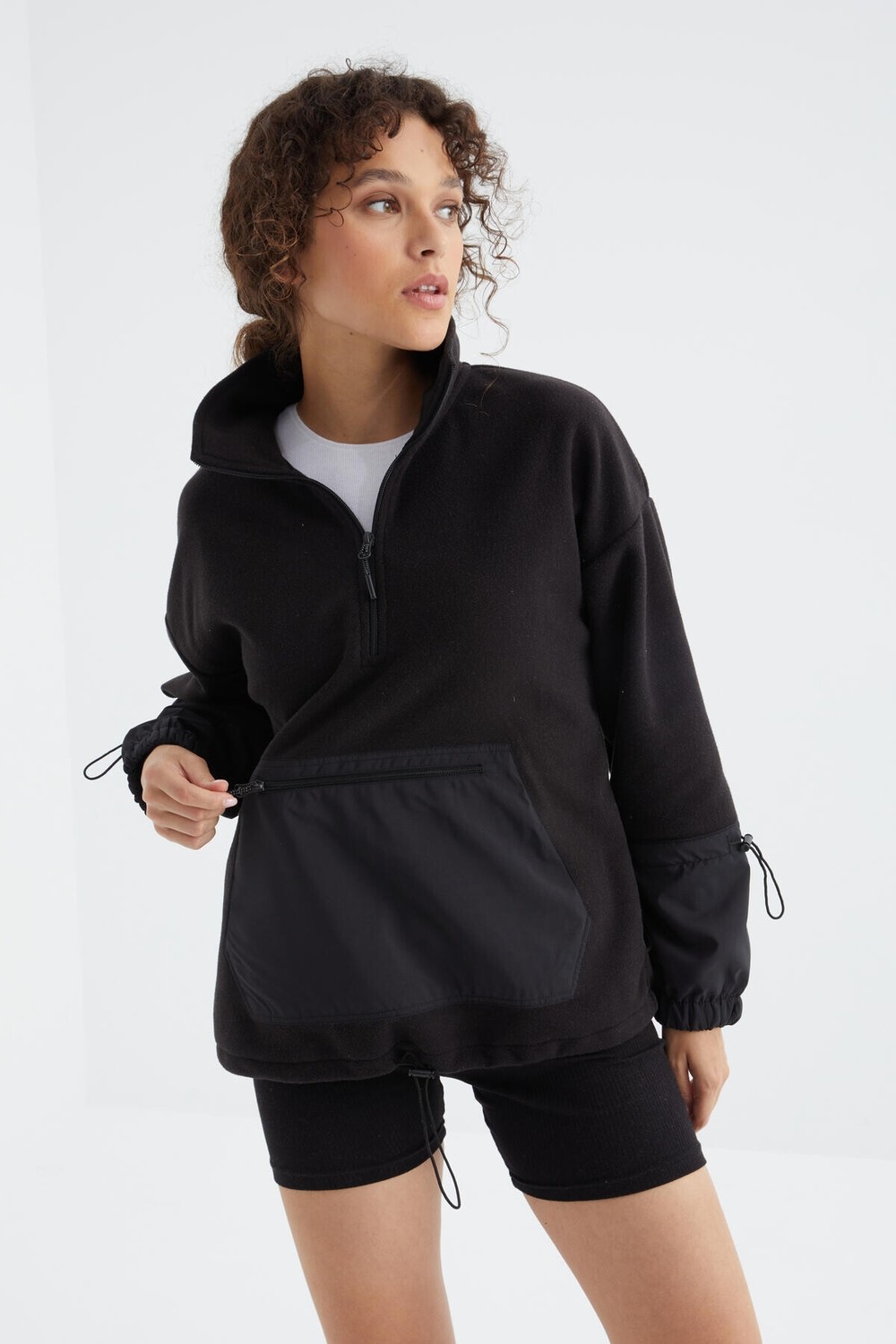 Tommy Life Deniz Yeşili Etek Ucu Büzgülü Yarım Fermuarlı Oversize Kadın Polar Sweatshirt - 97238 görsel 7
