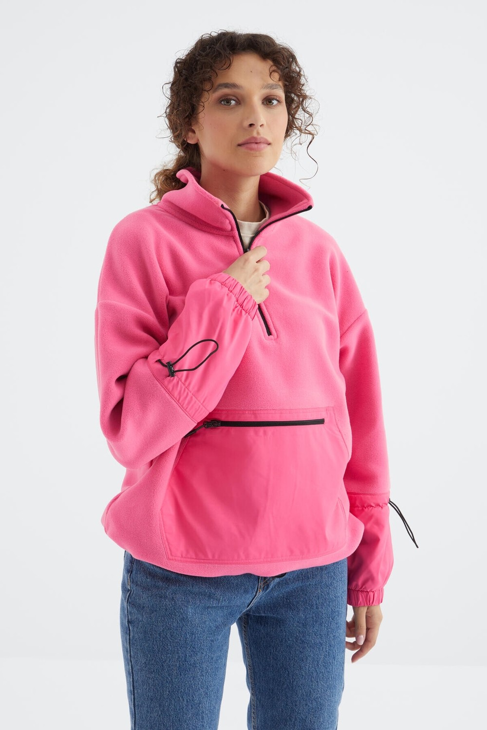 Tommy Life Deniz Yeşili Etek Ucu Büzgülü Yarım Fermuarlı Oversize Kadın Polar Sweatshirt - 97238