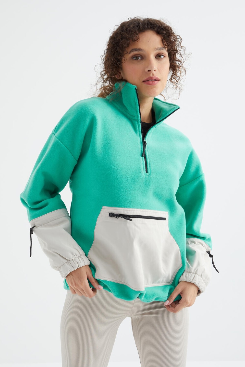 Tommy Life Deniz Yeşili Etek Ucu Büzgülü Yarım Fermuarlı Oversize Kadın Polar Sweatshirt - 97238