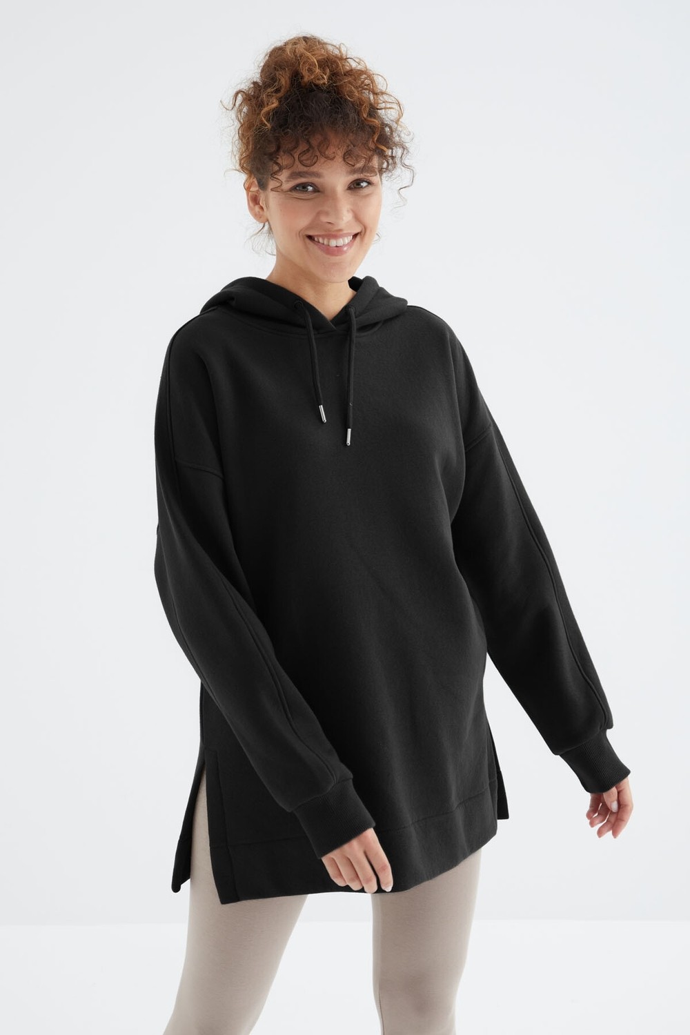 Tommy Life Ekru Reglan Kol Basic Kapüşonlu Oversize Sweatshirt Tunik - 97242