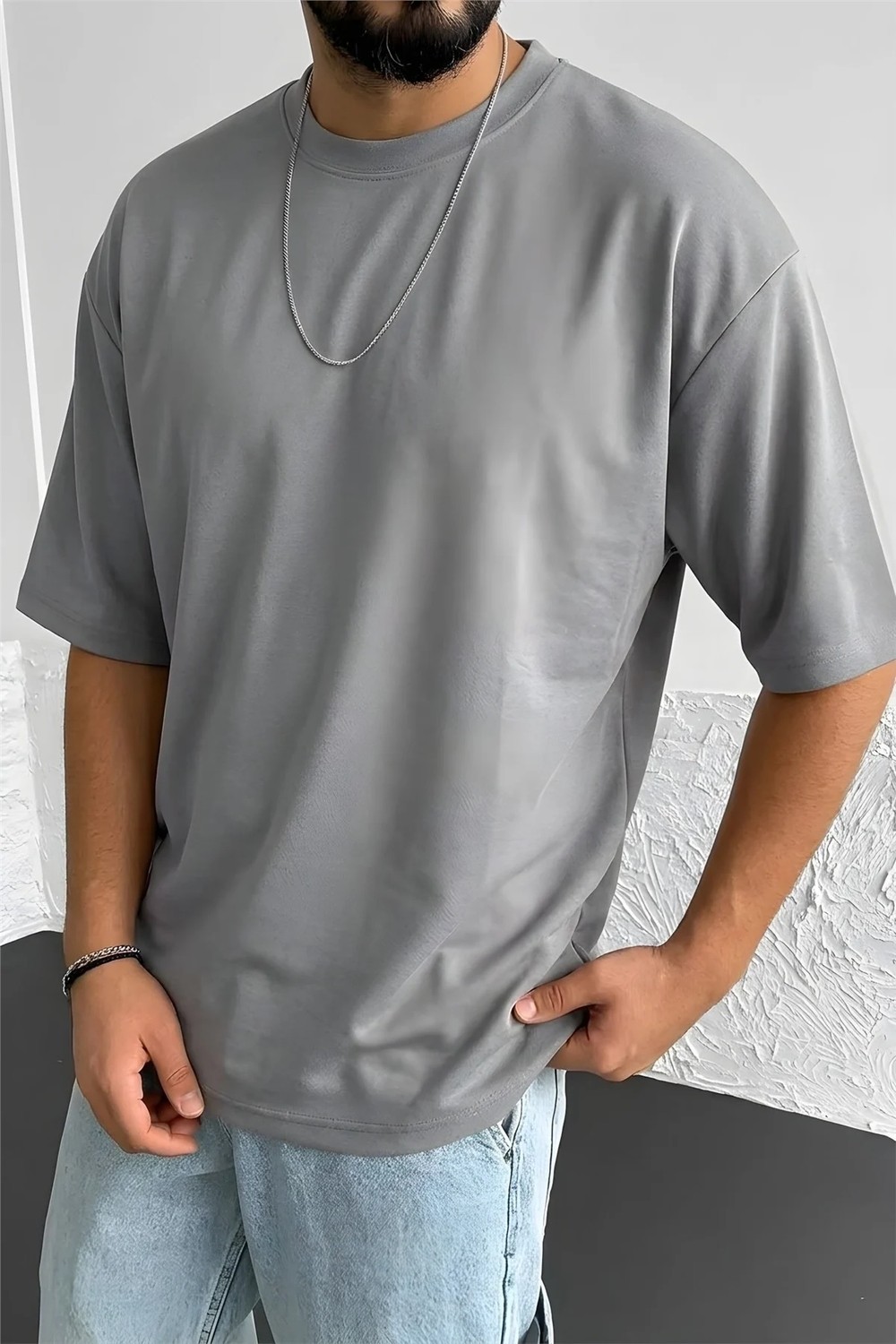 Teenage Millionaire Erkek Gri Basic Düz Baskısız Oversize Salas Boyfriend T-Shirt görsel 2