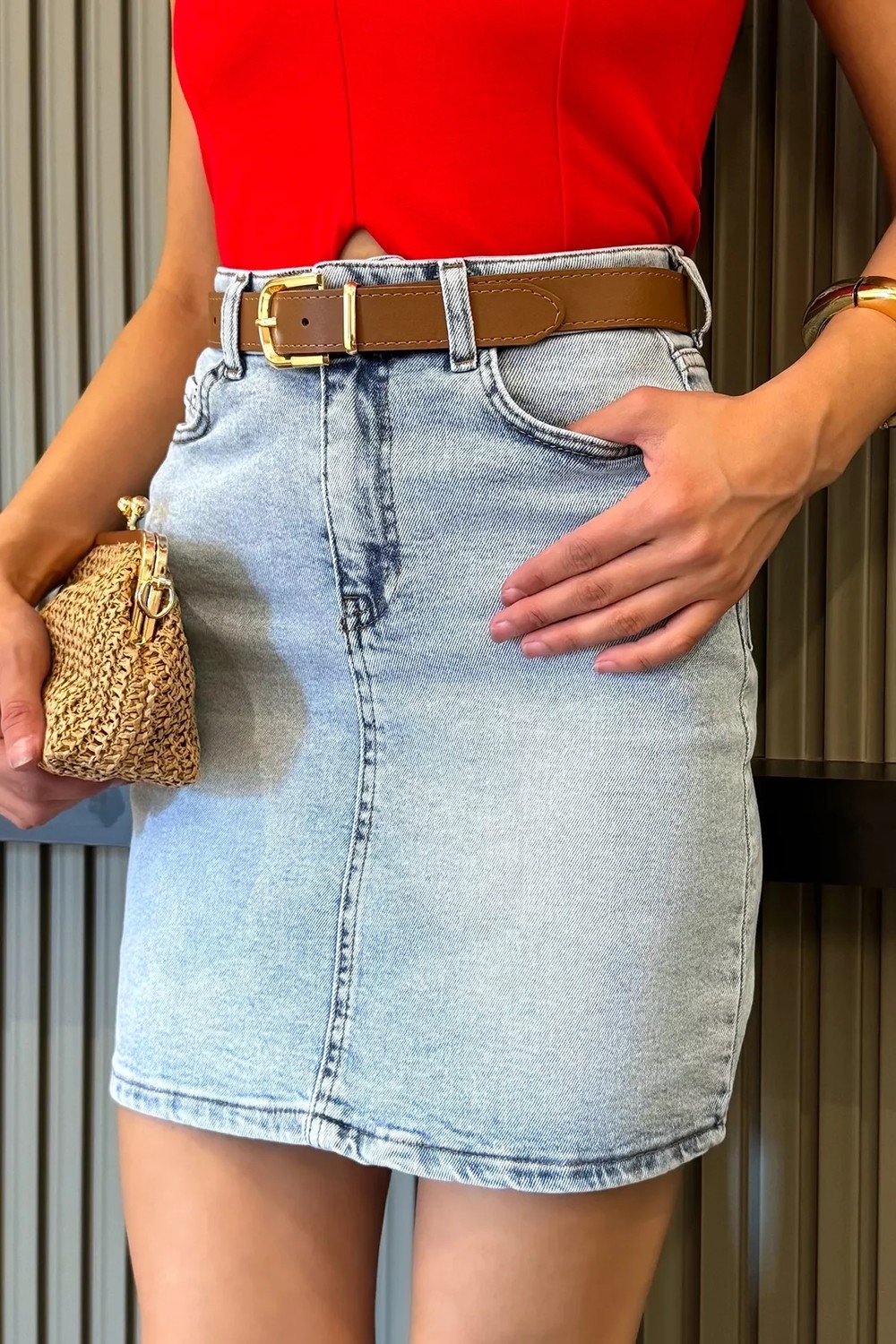 Gülseli Kadın Deri Kemerli Jean Kot Etek P-00022589 görsel 2