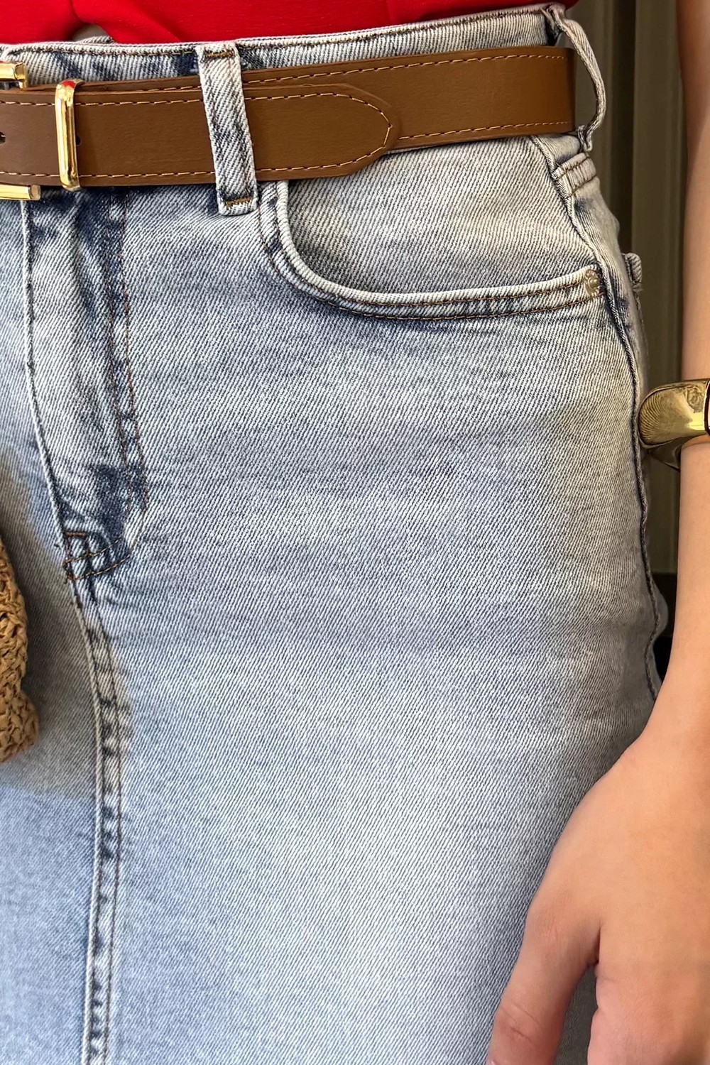 Gülseli Kadın Deri Kemerli Jean Kot Etek P-00022589 görsel 4