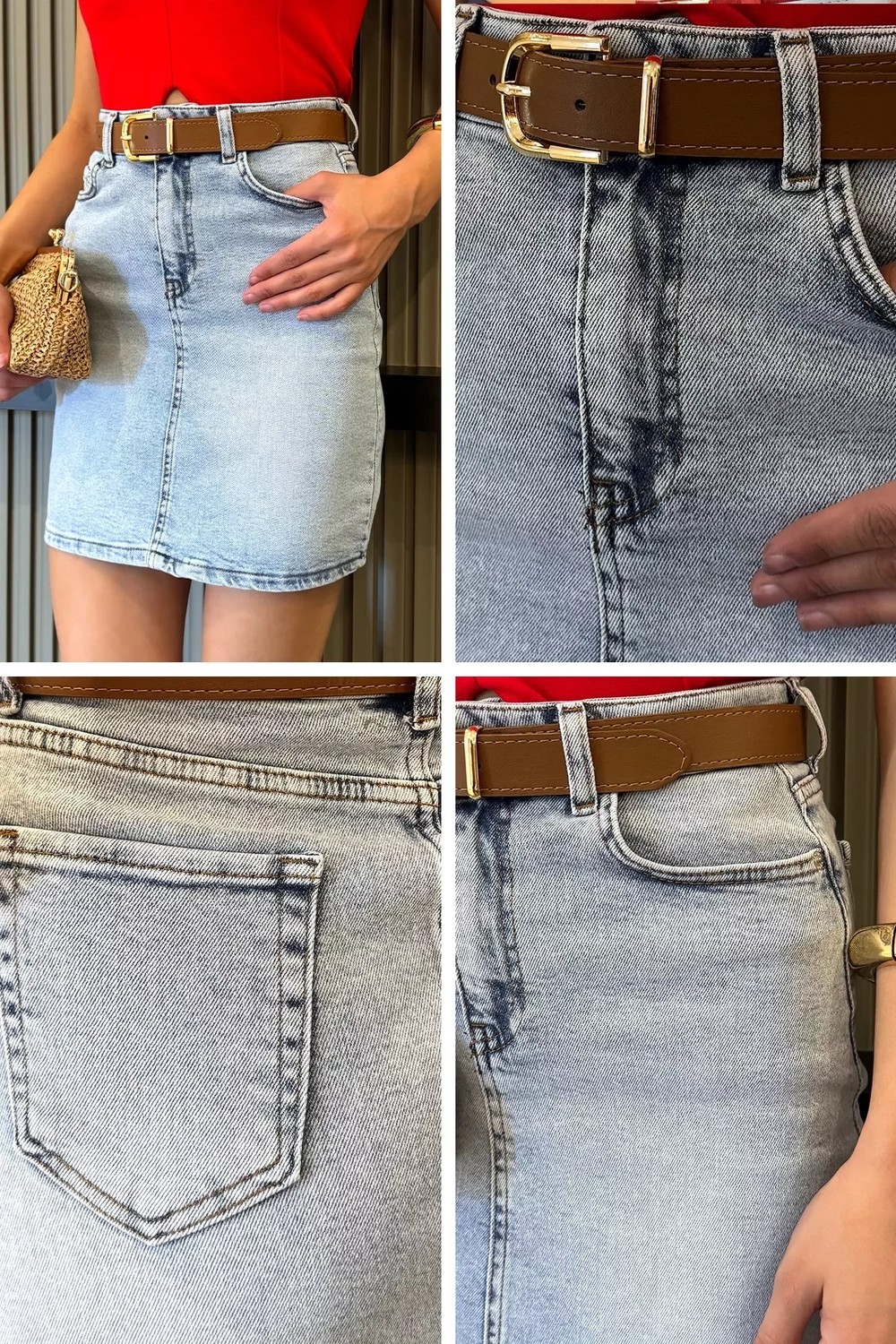 Gülseli Kadın Deri Kemerli Jean Kot Etek P-00022589 görsel 5