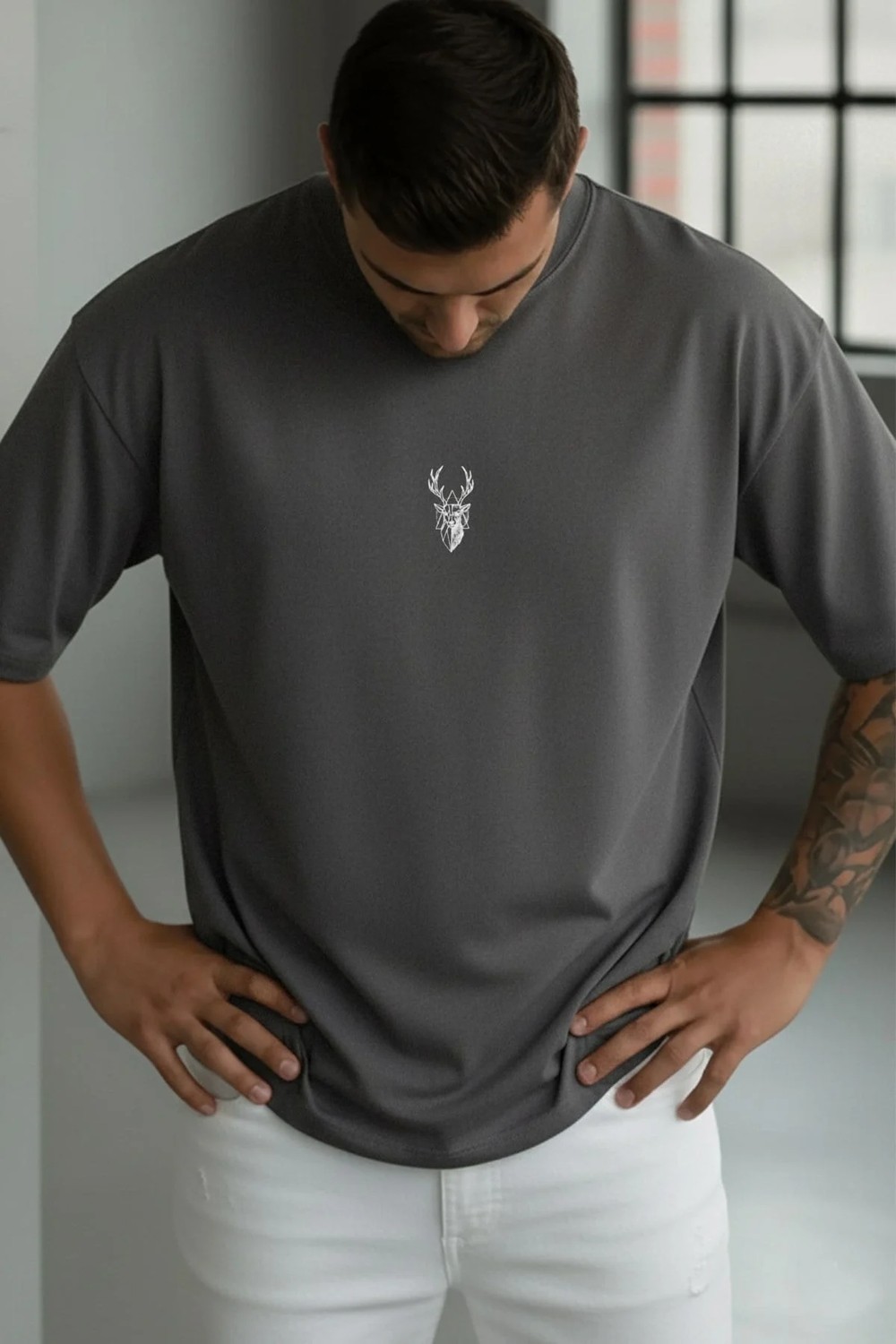Millionaire Erkek Füme Geyik Baskılı Oversize Fit Bol Geniş Kalıp Salaş Kesim T-Shirt
