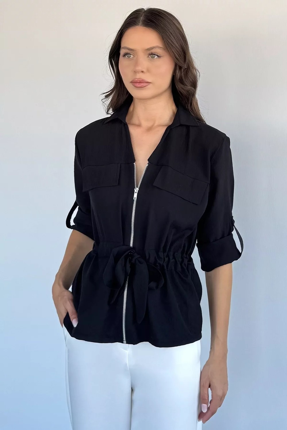 Gülseli Kadın Fermuarlı Kuşaklı Gömlek P-00022601 görsel 6