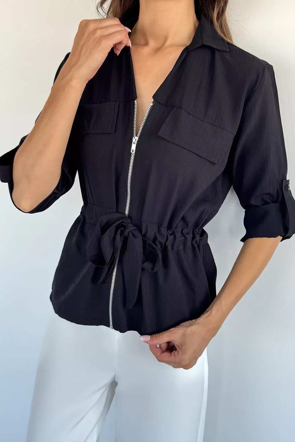 Gülseli Kadın Fermuarlı Kuşaklı Gömlek P-00022601 görsel 7