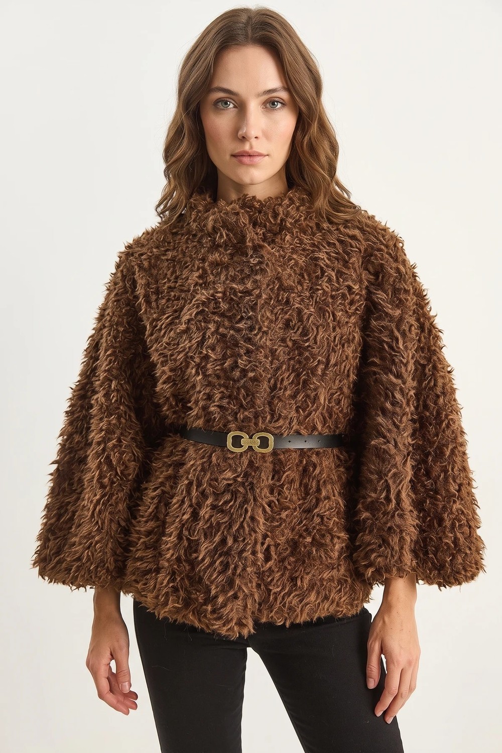 Efnaz Style Kadın Kemer Detaylı Yumuşak Dokulu Peluş Panço Bordo