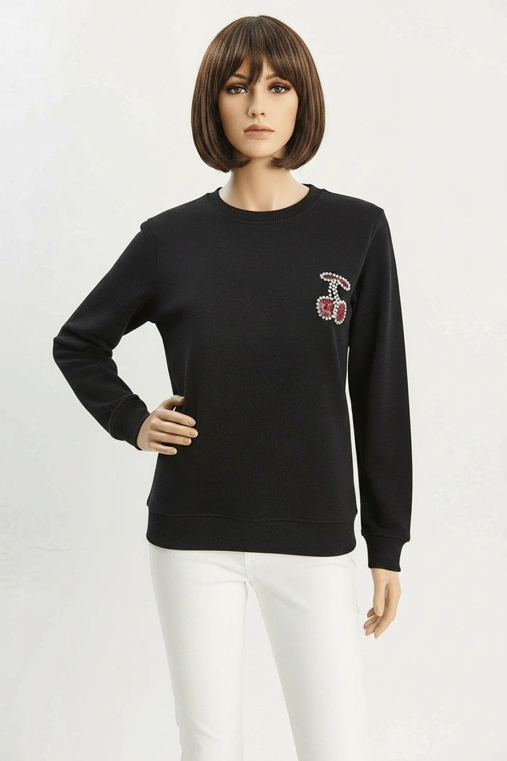Efnaz Style Kadın Bisiklet Yaka Kiraz Taş Işlemeli Üç Iplik Şardonlu Siyah Sweatshirt