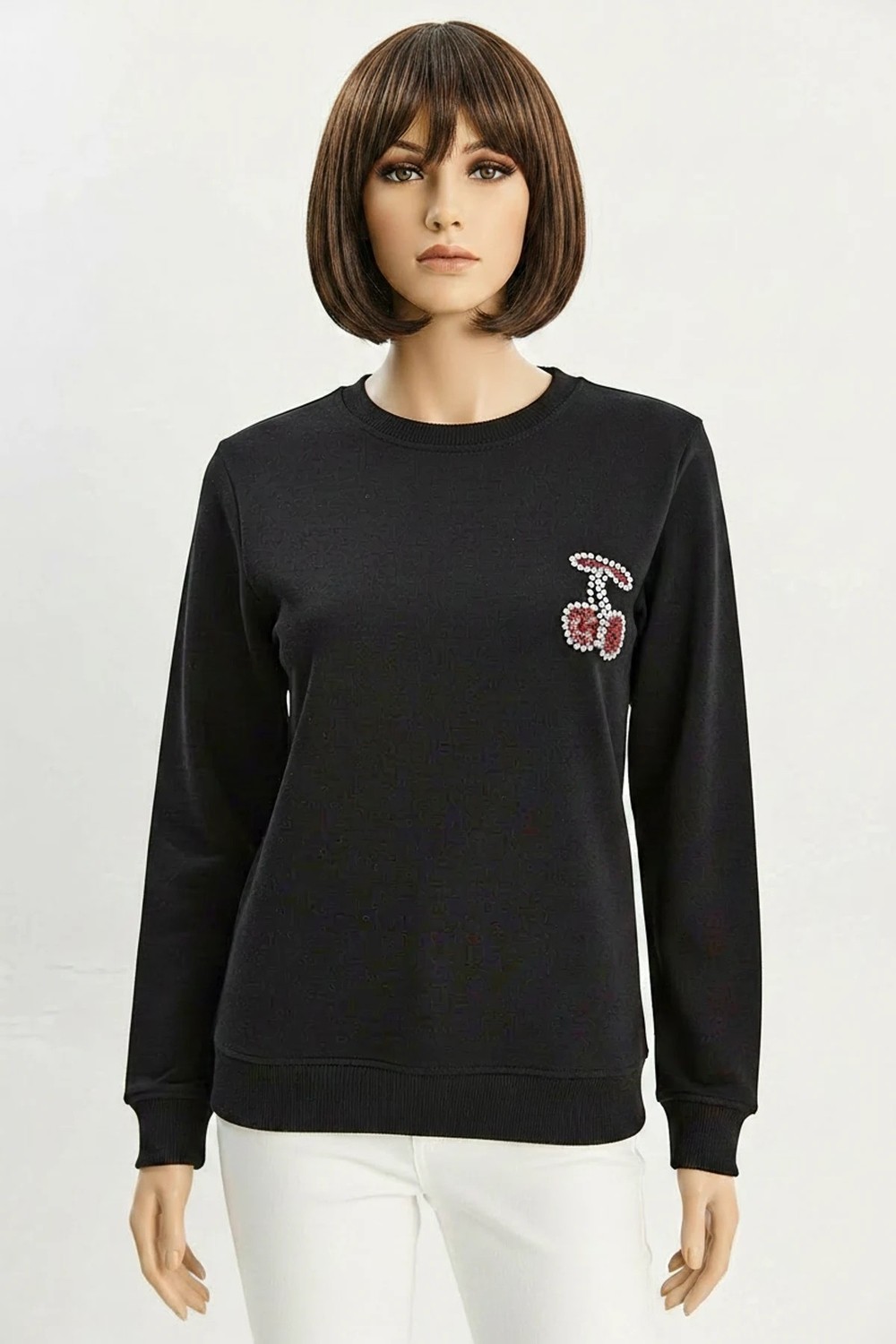 Efnaz Style Kadın Bisiklet Yaka Kiraz Taş Işlemeli Üç Iplik Şardonlu Siyah Sweatshirt görsel 2