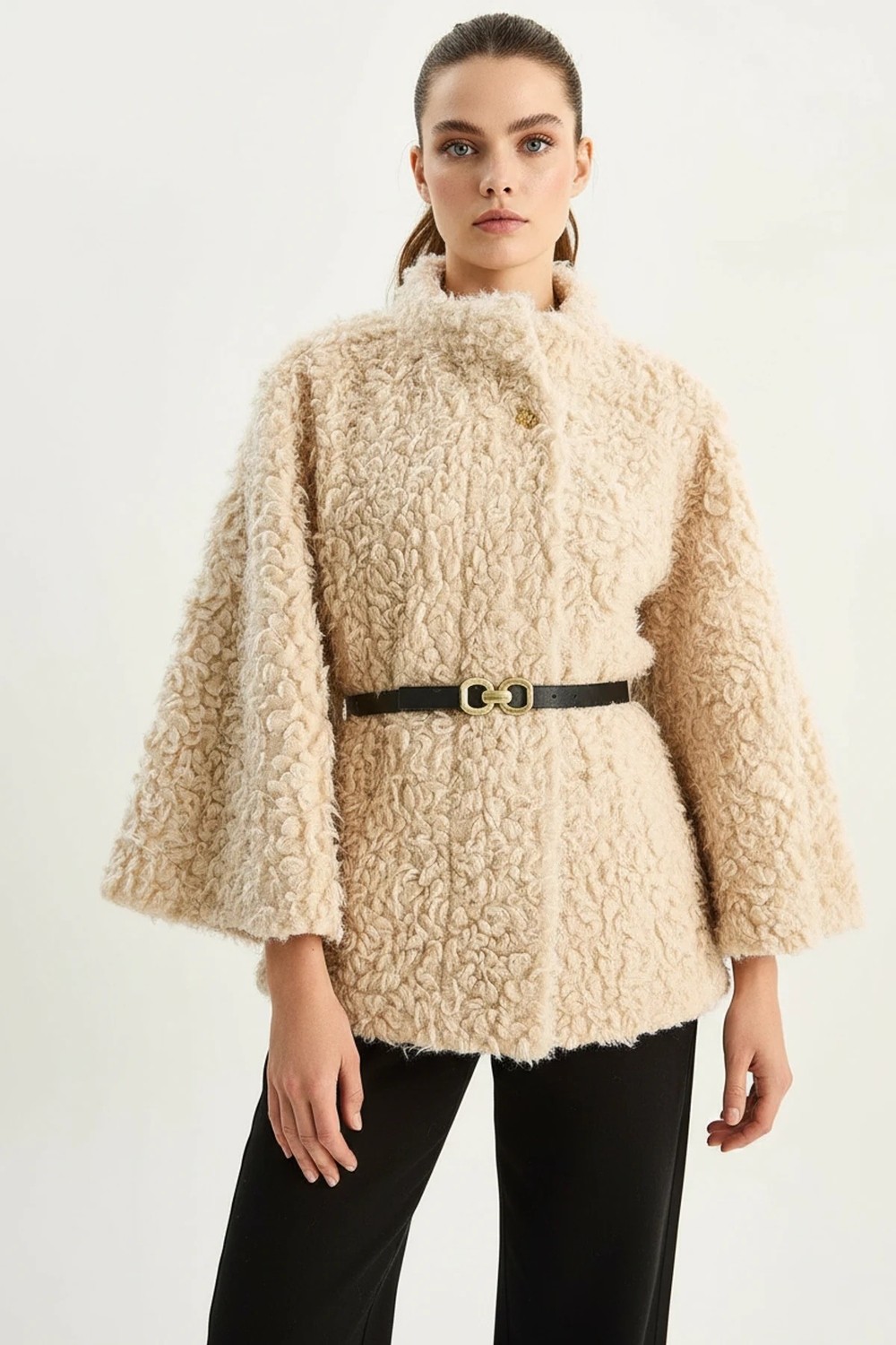 Efnaz Style Kadın Kemer Detaylı Yumuşak Dokulu Peluş Panço Bordo görsel 2