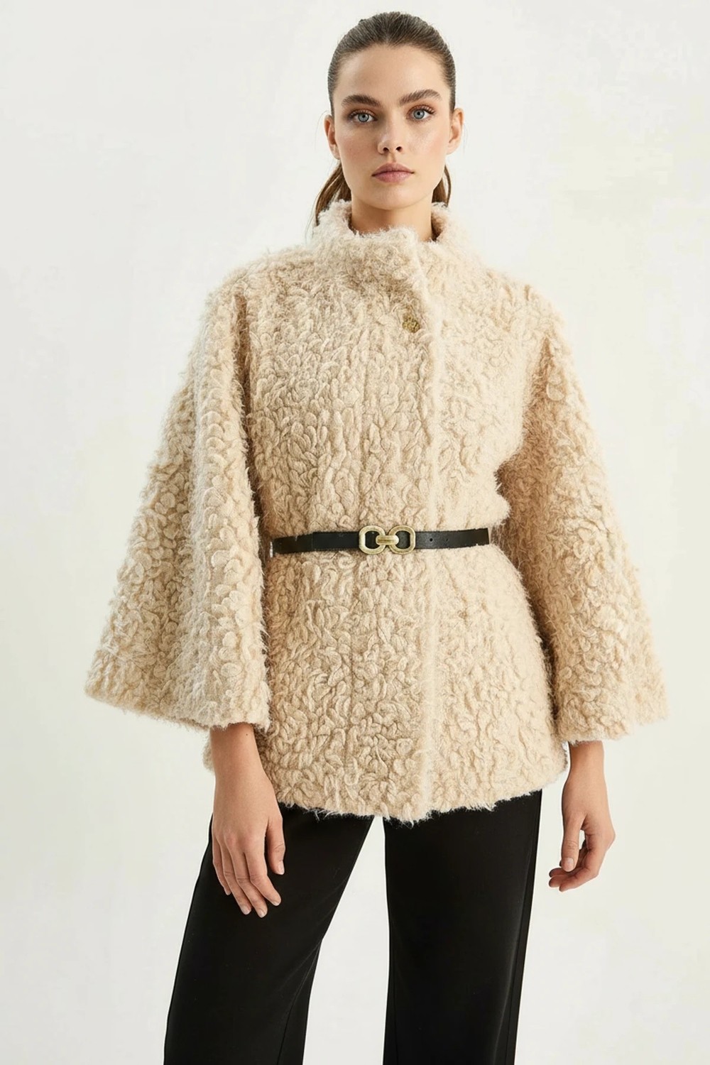 Efnaz Style Kadın Kemer Detaylı Yumuşak Dokulu Peluş Panço Bordo görsel 3