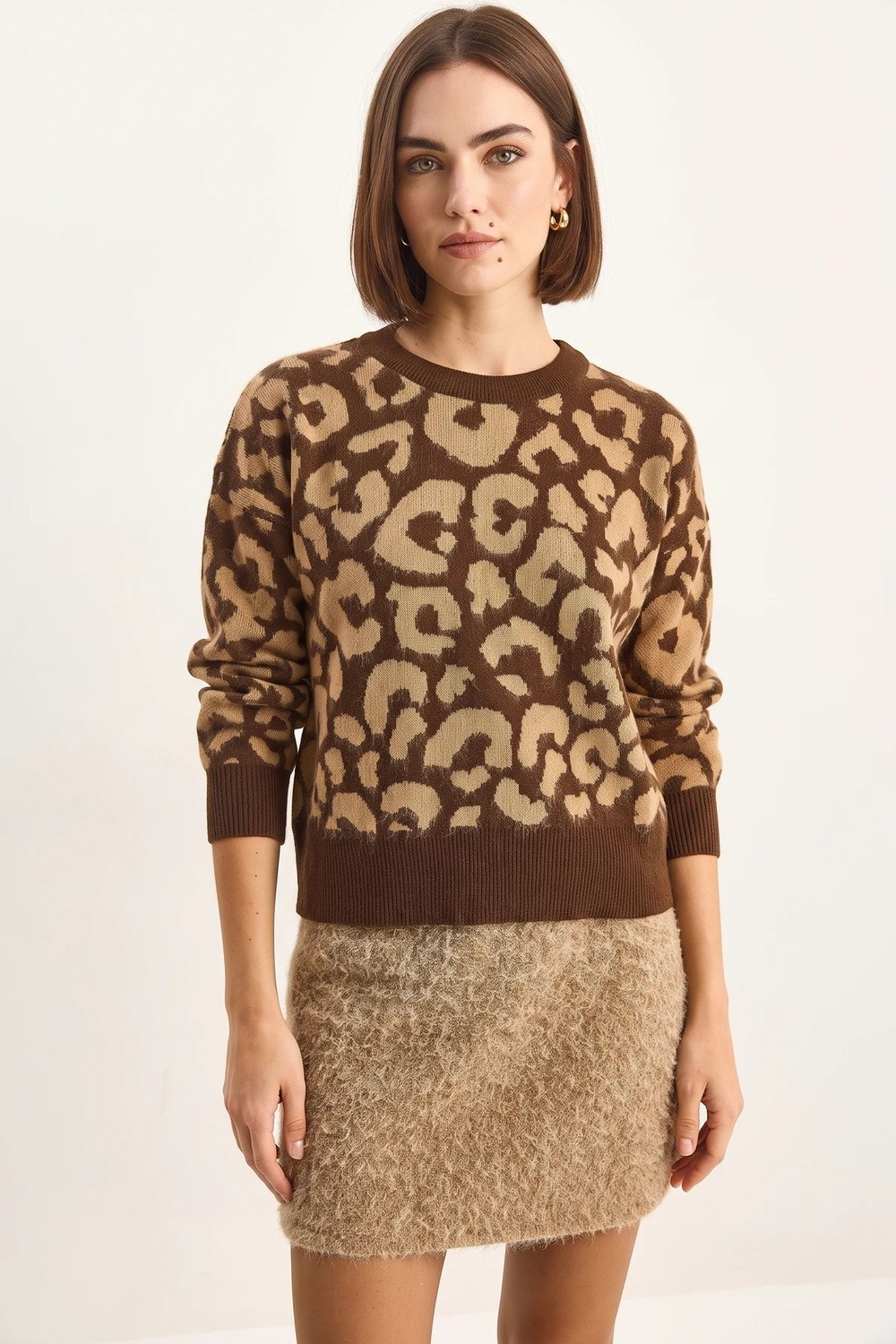 Efnaz Style Kadın Leopar Desenli Bisiklet Yaka Şardonlu Basic Triko Kahverengi Camel Kazak