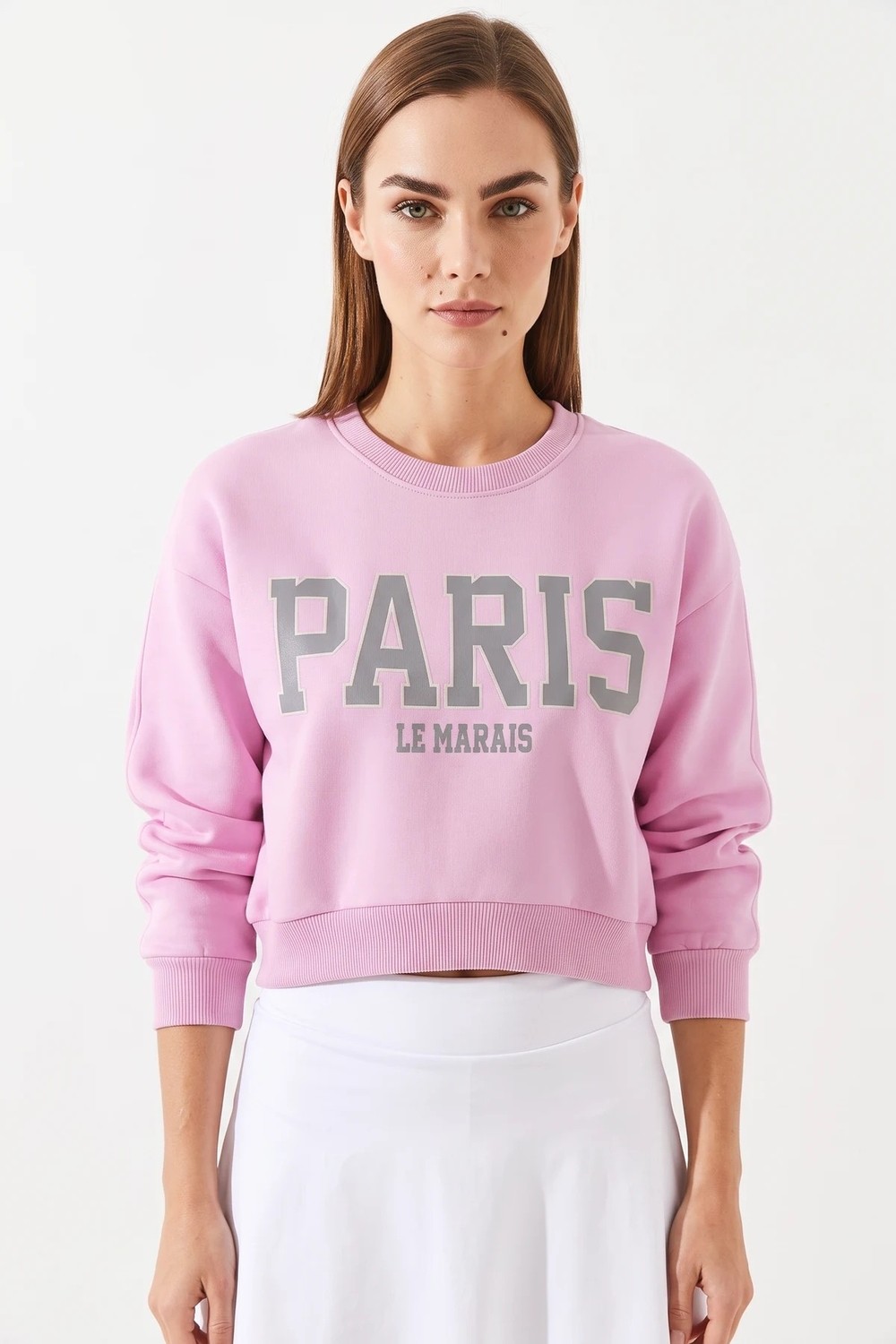 Efnaz Style Kadın Paris Baskılı Üç Iplik Şardonlu Şeker Pembe Sweatshirt
