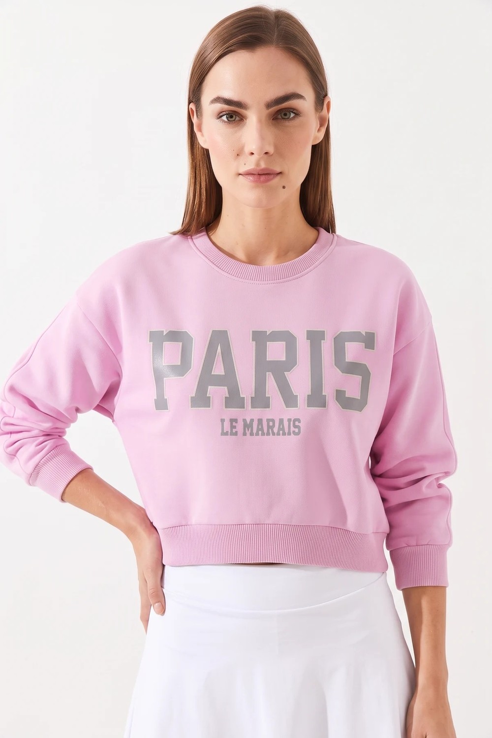 Efnaz Style Kadın Paris Baskılı Üç Iplik Şardonlu Şeker Pembe Sweatshirt görsel 2