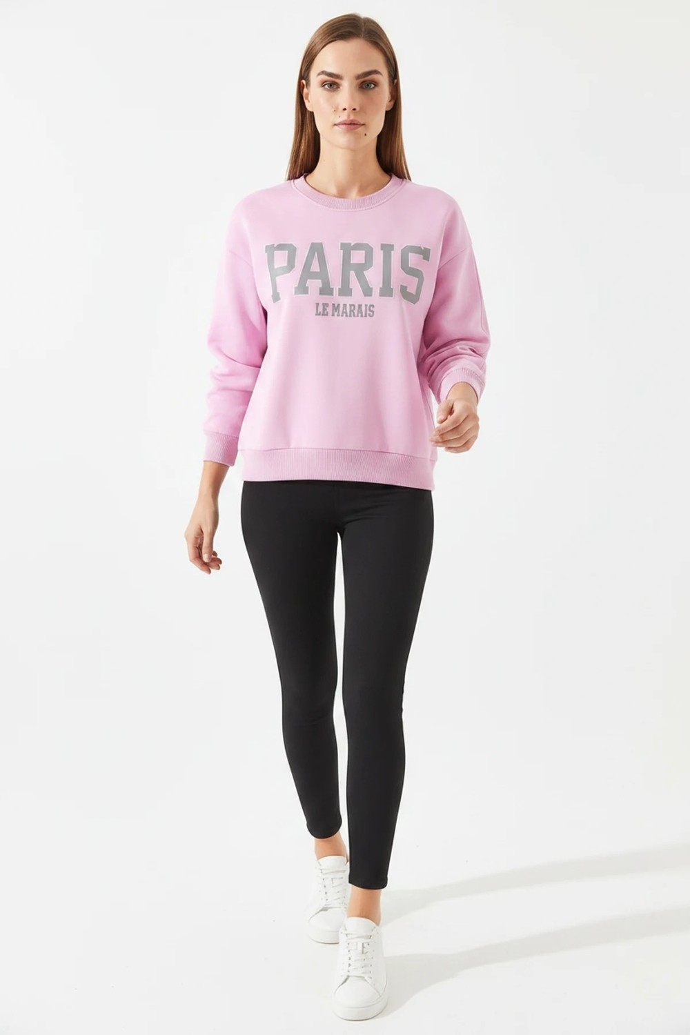 Efnaz Style Kadın Paris Baskılı Üç Iplik Şardonlu Şeker Pembe Sweatshirt görsel 3