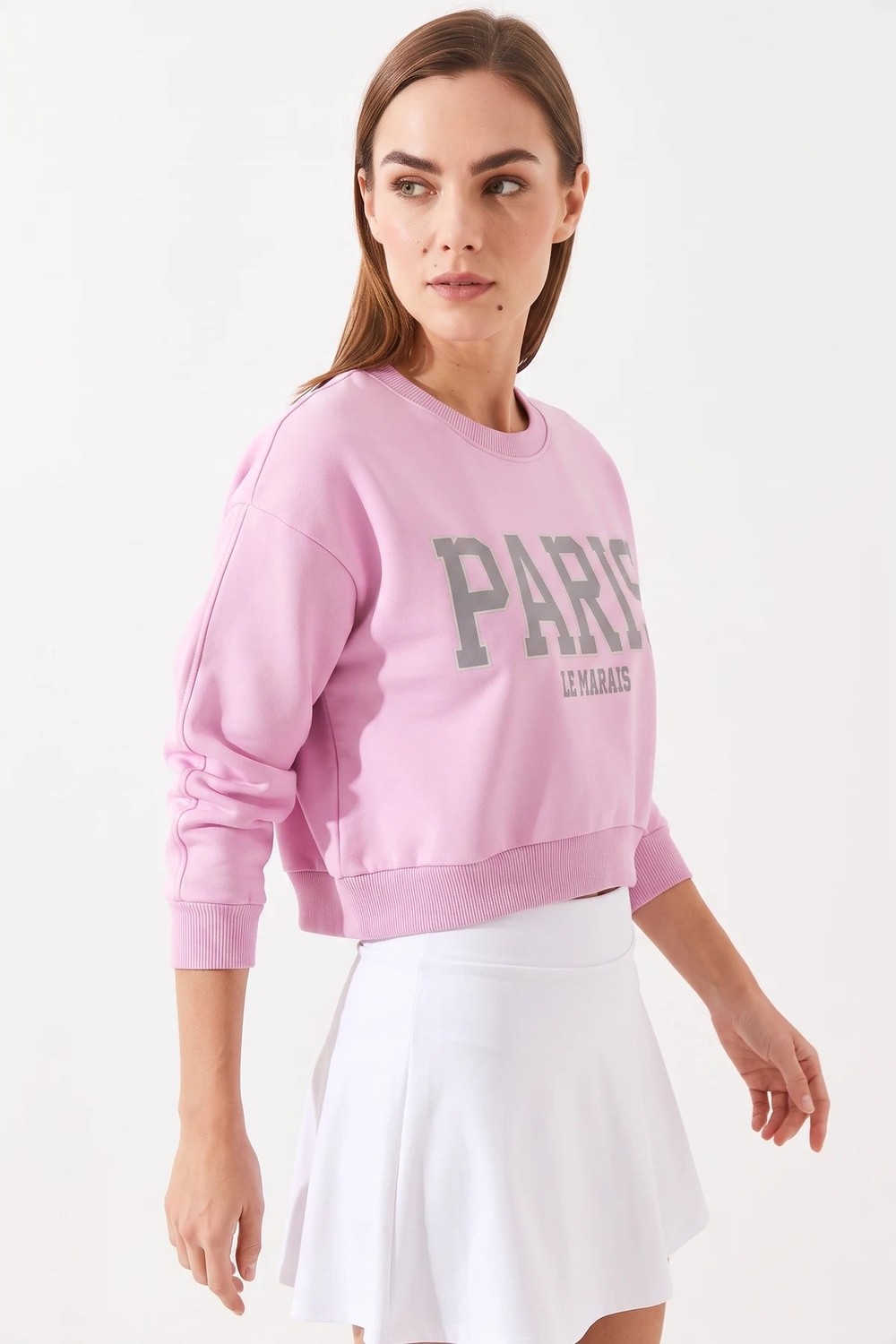 Efnaz Style Kadın Paris Baskılı Üç Iplik Şardonlu Şeker Pembe Sweatshirt görsel 4