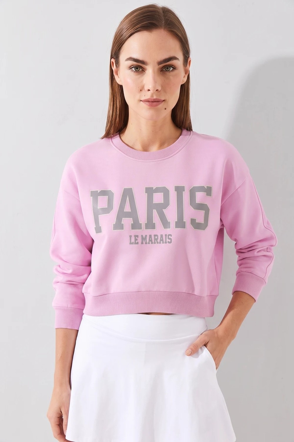 Efnaz Style Kadın Paris Baskılı Üç Iplik Şardonlu Şeker Pembe Sweatshirt görsel 5