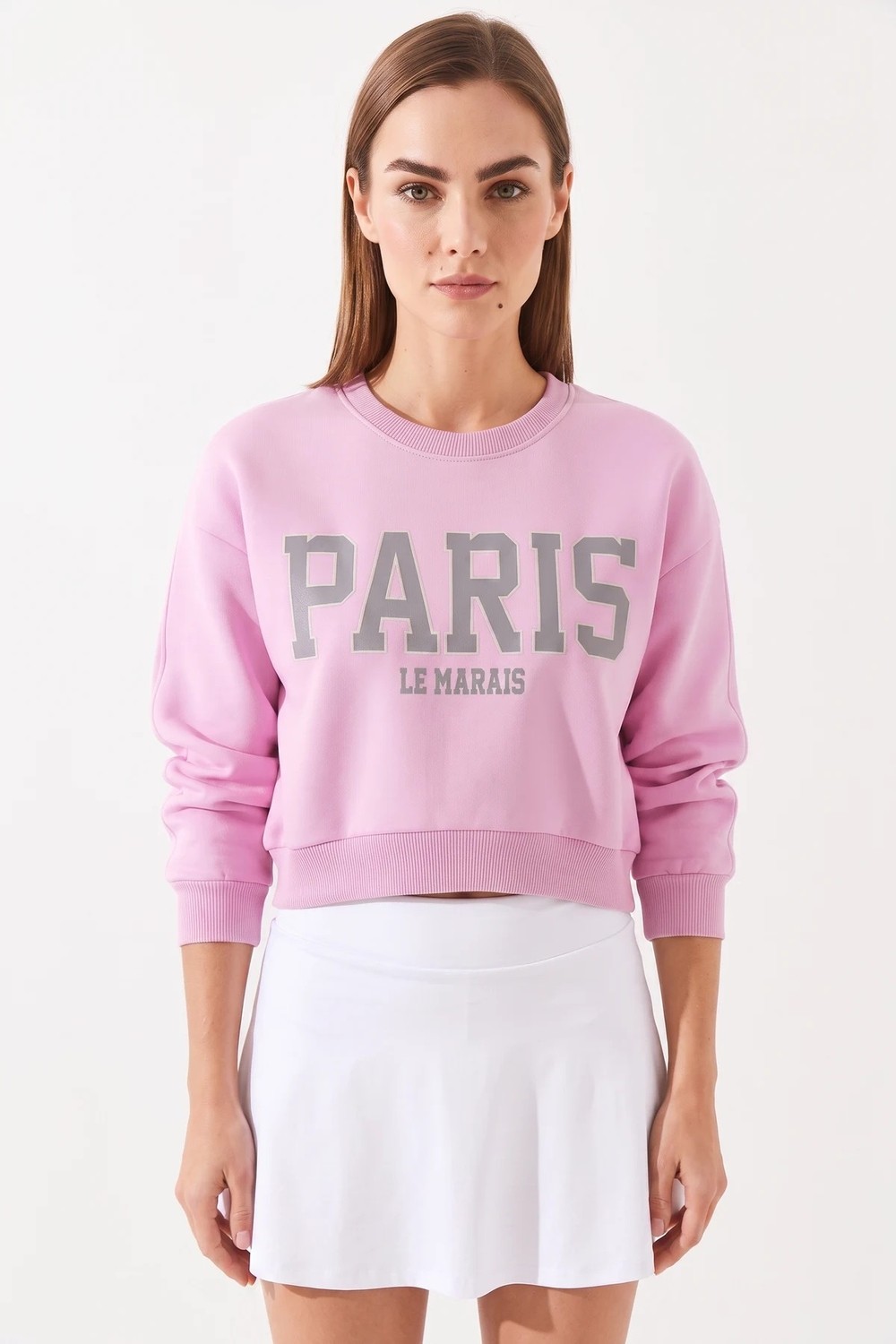 Efnaz Style Kadın Paris Baskılı Üç Iplik Şardonlu Şeker Pembe Sweatshirt görsel 6