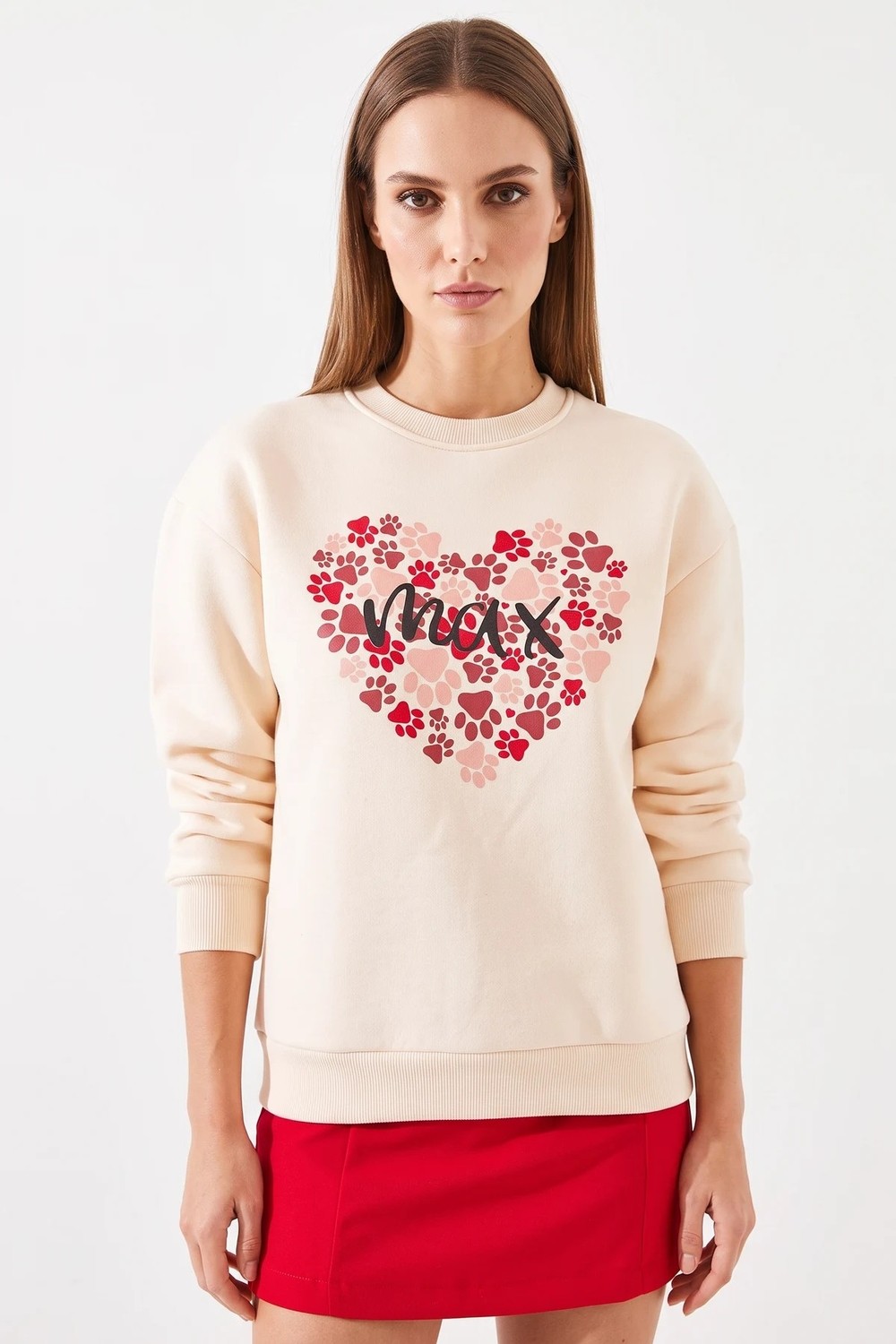 Efnaz Style Kadın Üç Iplik Şardonlu Yuvarlak Yaka Pati Baskılı Bej Sweatshirt
