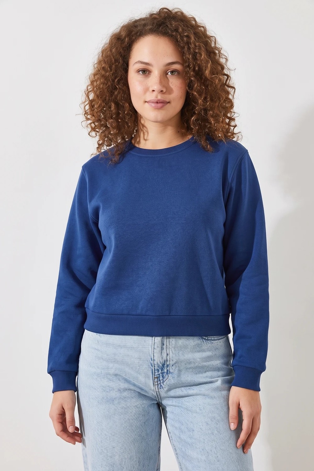 Efnaz Style Kadın Bisiklet Yaka Şardonlu Crop Lacivert Sweatshirt