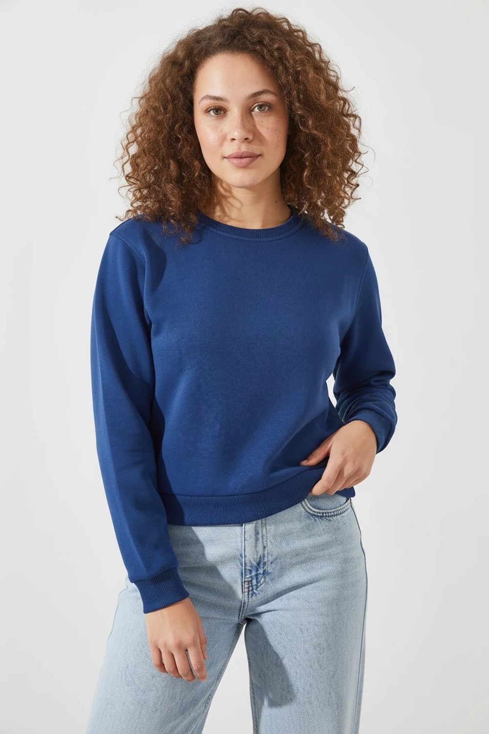 Efnaz Style Kadın Bisiklet Yaka Şardonlu Crop Lacivert Sweatshirt görsel 2