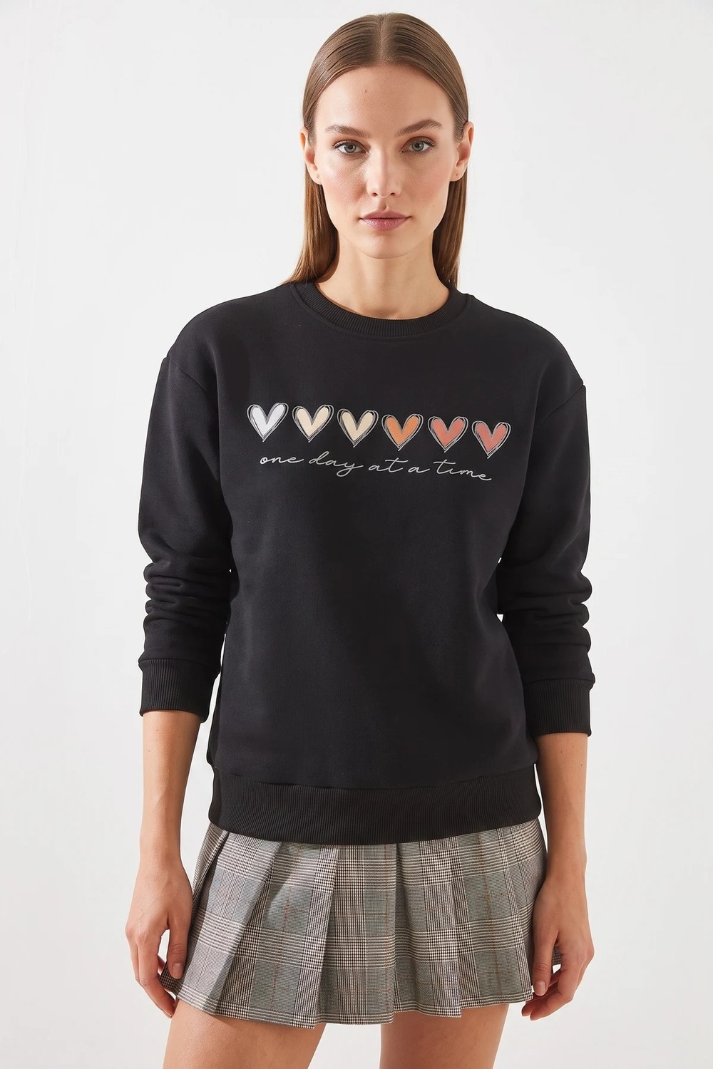 Efnaz Style Kadın Üç Iplik Şardonlu Renkli Kalp Baskılı Gri Melanj Sweatshirt görsel 3