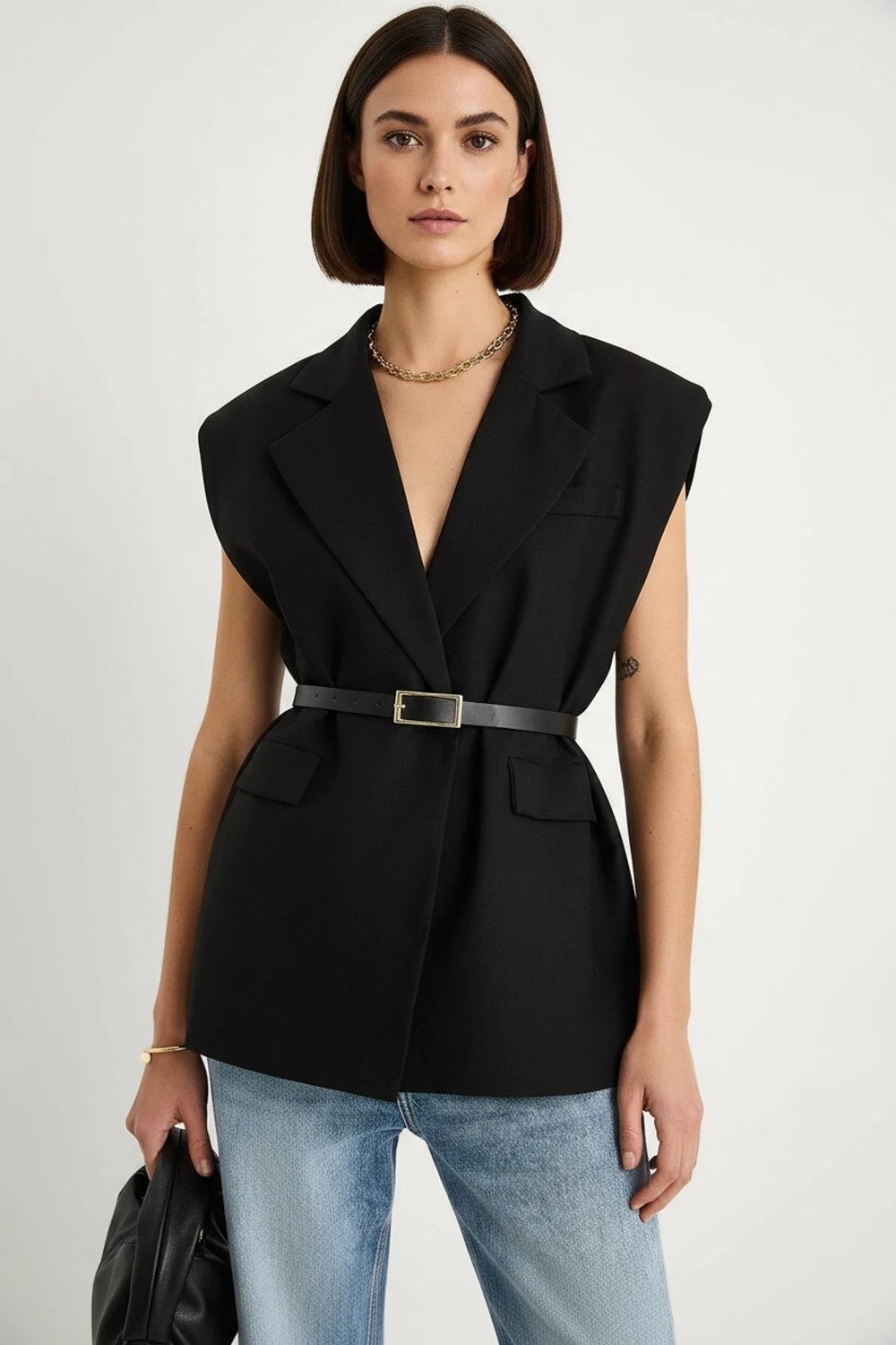 Efnaz Style Kadın Cep Detaylı Kemerli Vatkalı Oversize Astarlı Blazer Siyah Yelek