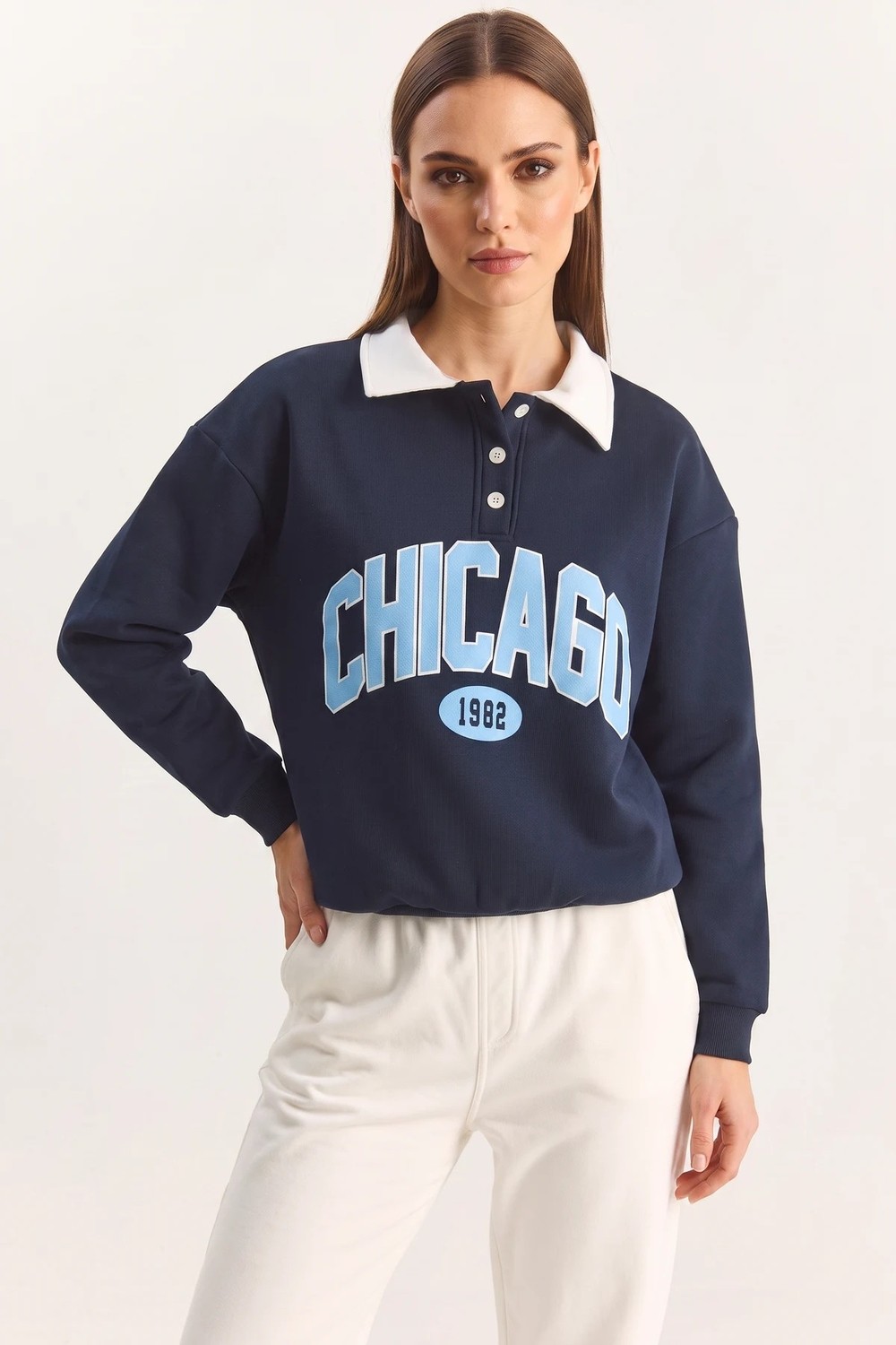 Efnaz Style Kadın Polo Yaka Chicago Baskılı Üç Iplik Şardonlu Lacivert Sweatshirt