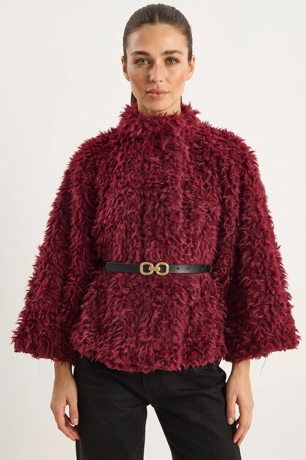Efnaz Style Kadın Kemer Detaylı Yumuşak Dokulu Peluş Panço Bordo görsel 6