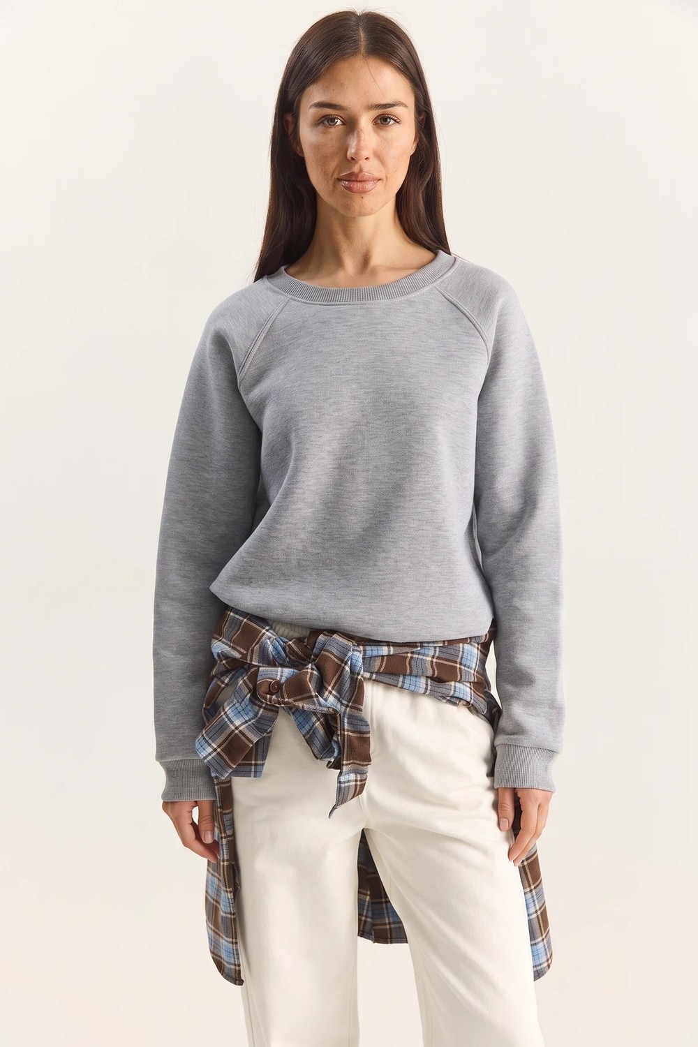 Efnaz Style Kadın Reglan Kol Oversize Gri Melanj Sweatshirt