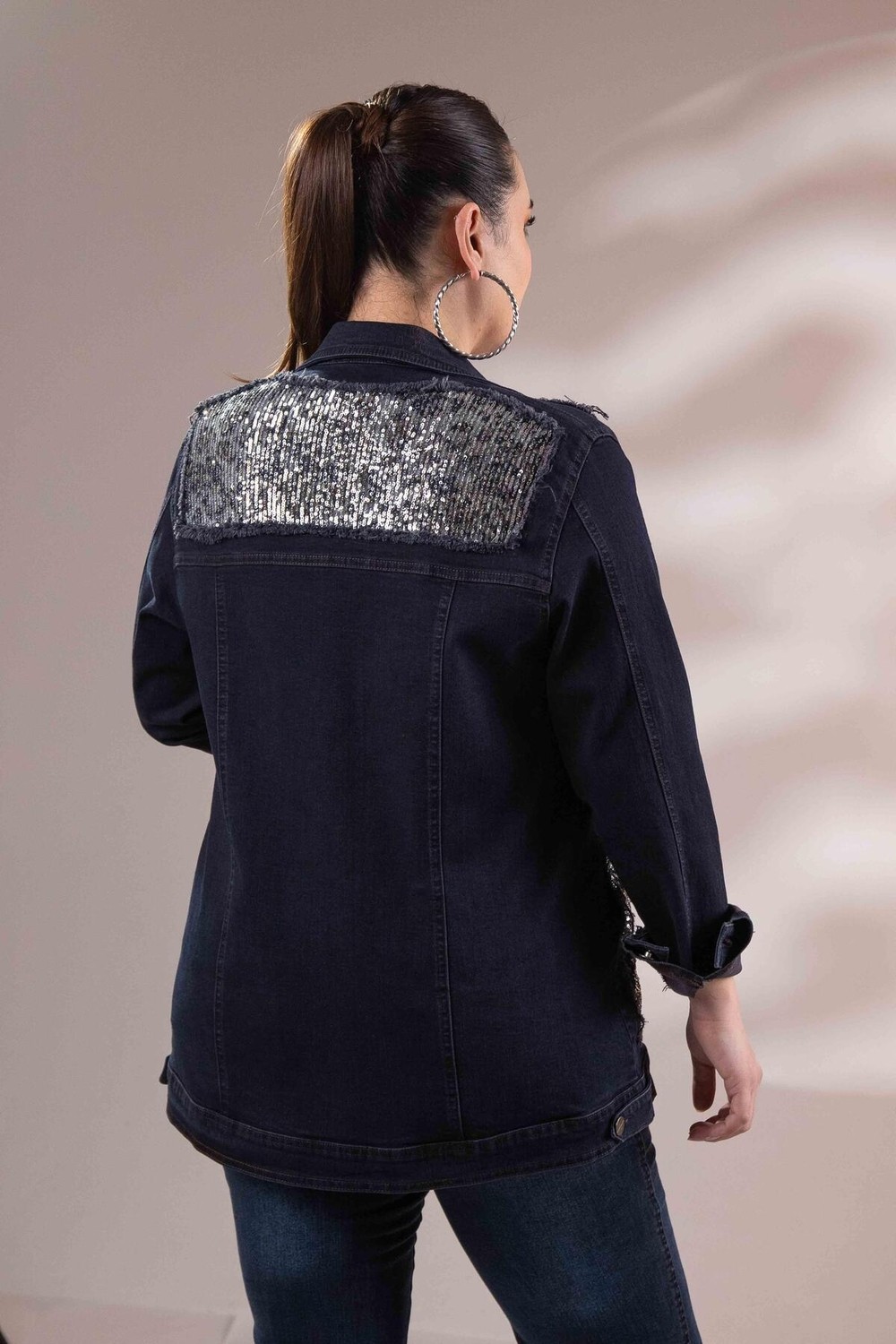 Roxxlen 122166 Pul Payetli Denim Ceket Lacivert görsel 6