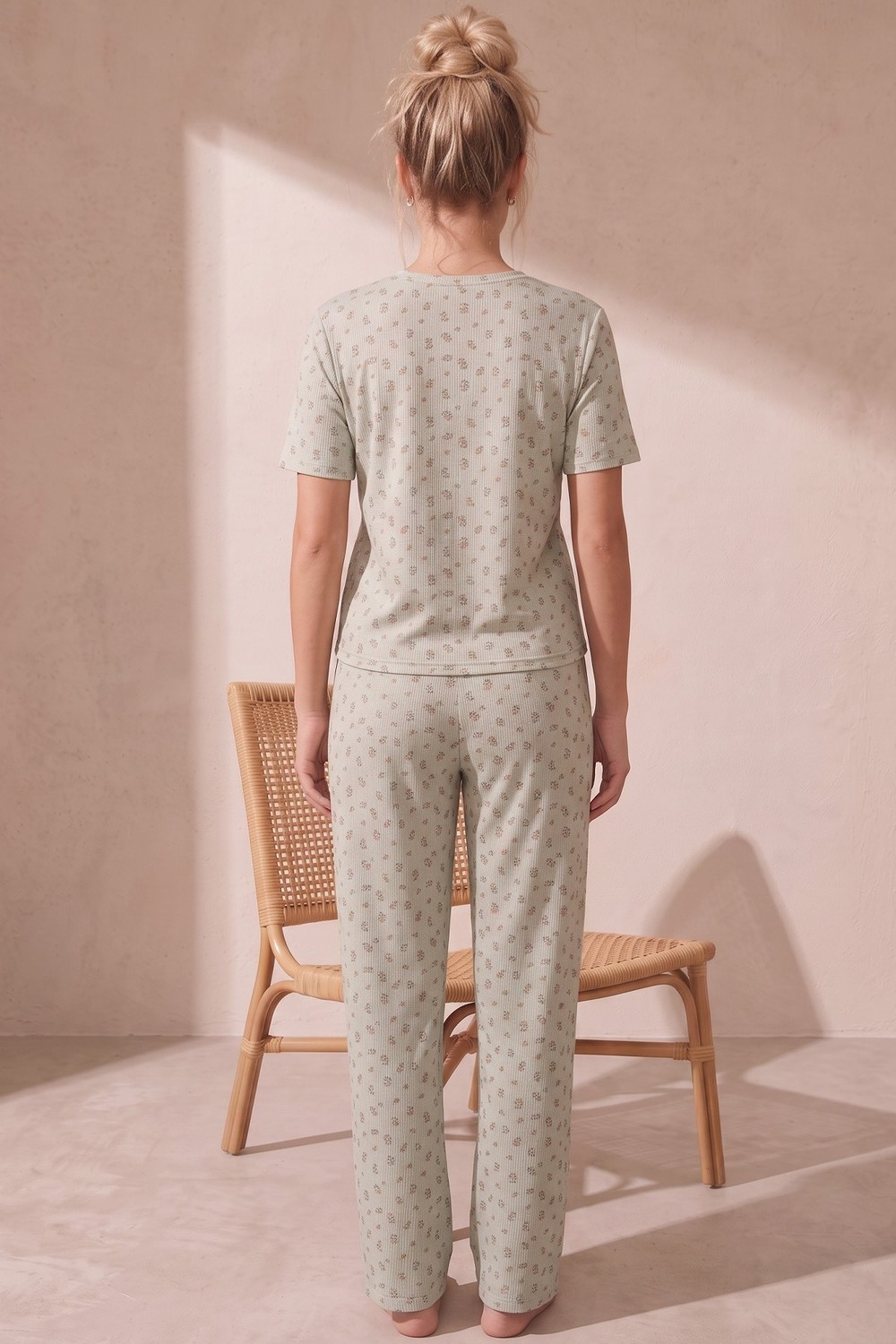 Siyah İnci Mint Yeşili Desenli Pamuklu Fitilli Kaşkorse Örme Pijama Takım 26120401 görsel 3