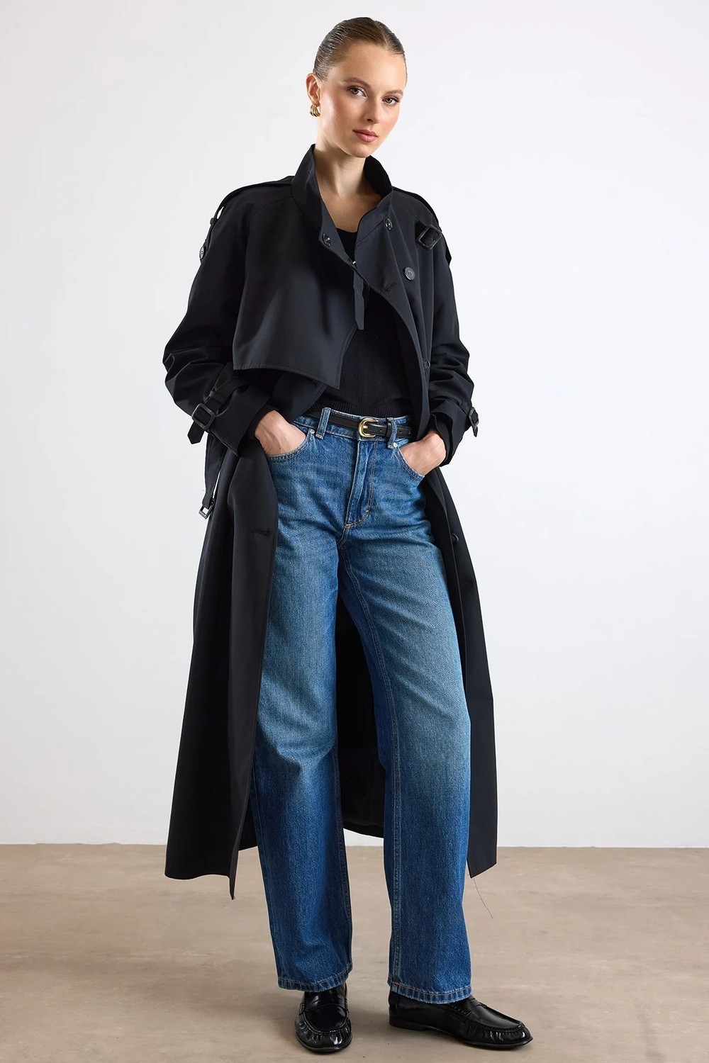 Olcay Dik Yaka Pelerin ve Pat Detaylı Oversize Su Itici Özellikli Trençkot Siyah 6892 görsel 5