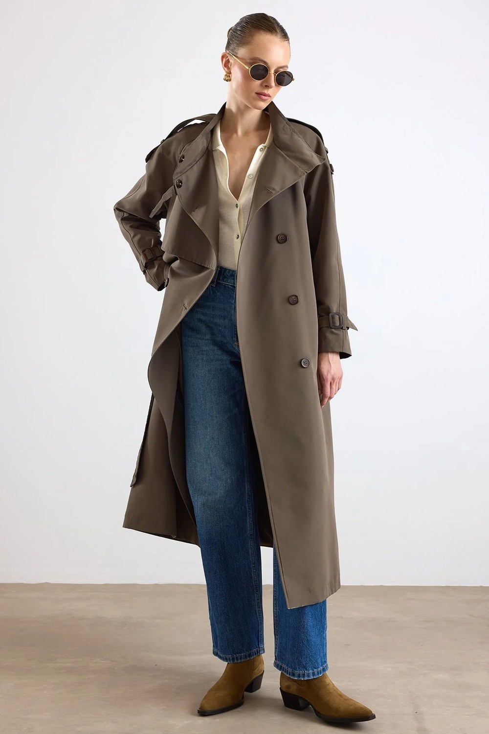 Olcay Dik Yaka Pelerin ve Pat Detaylı Oversize Su Itici Özellikli Trençkot Haki 6892 görsel 2