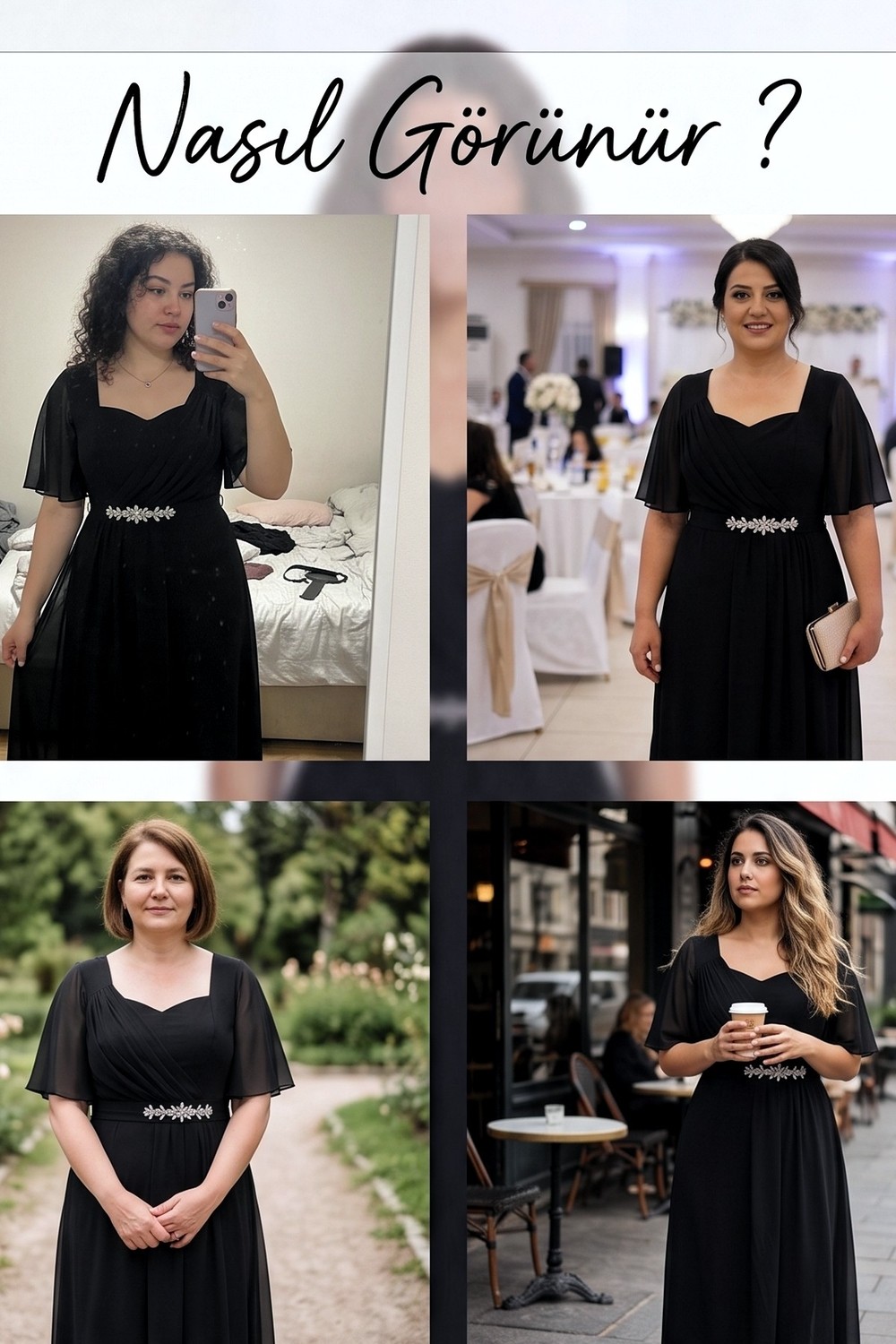 The ZKS Kadın Büyük Beden Taş Detaylı Şık Midi Boy Şifon Abiye Elbise Siyah görsel 8