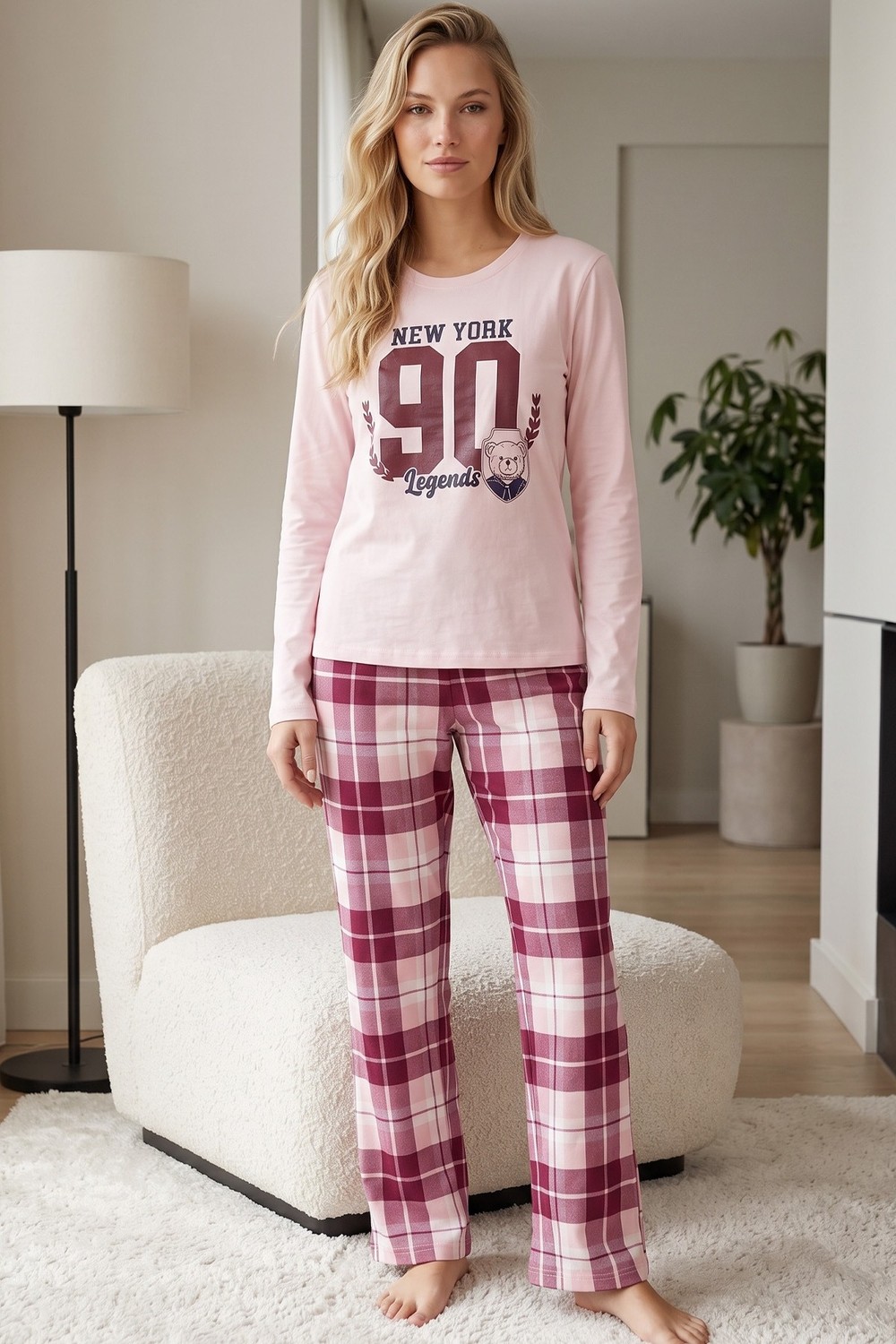 Siyah İnci Somon Ekose Desenli Pamuklu Likralı Örme Pijama TAKIM26241184 görsel 2