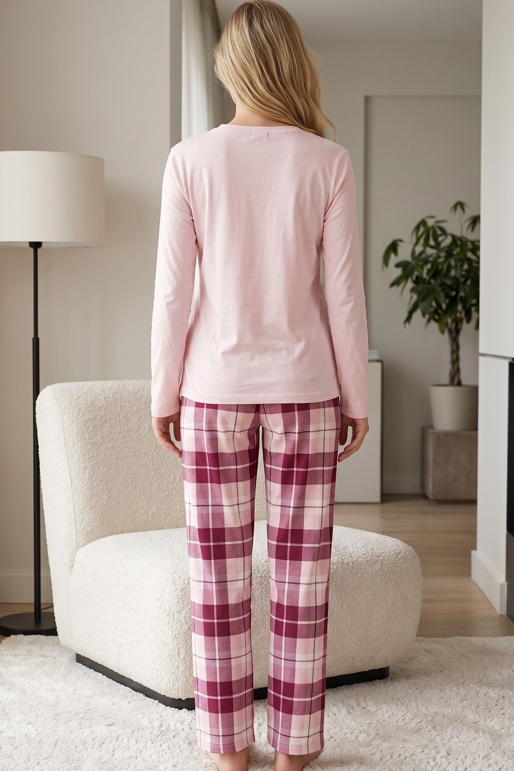 Siyah İnci Somon Ekose Desenli Pamuklu Likralı Örme Pijama TAKIM26241184 görsel 3