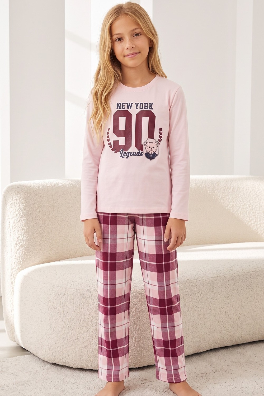 Siyah İnci Somon Ekose Desenli Pamuklu Likralı Örme Pijama TAKIM26241184 görsel 4