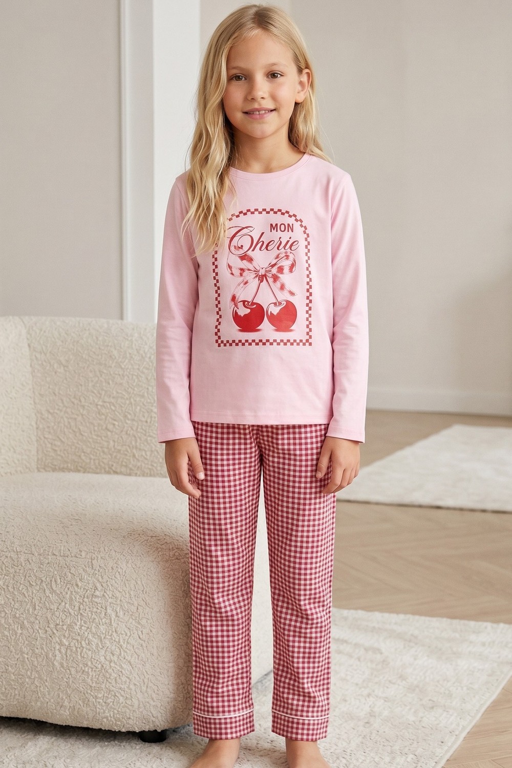 Siyah İnci Pembe Desenli Pamuklu Likralı Örme Pijama TAKIM26241166 görsel 4