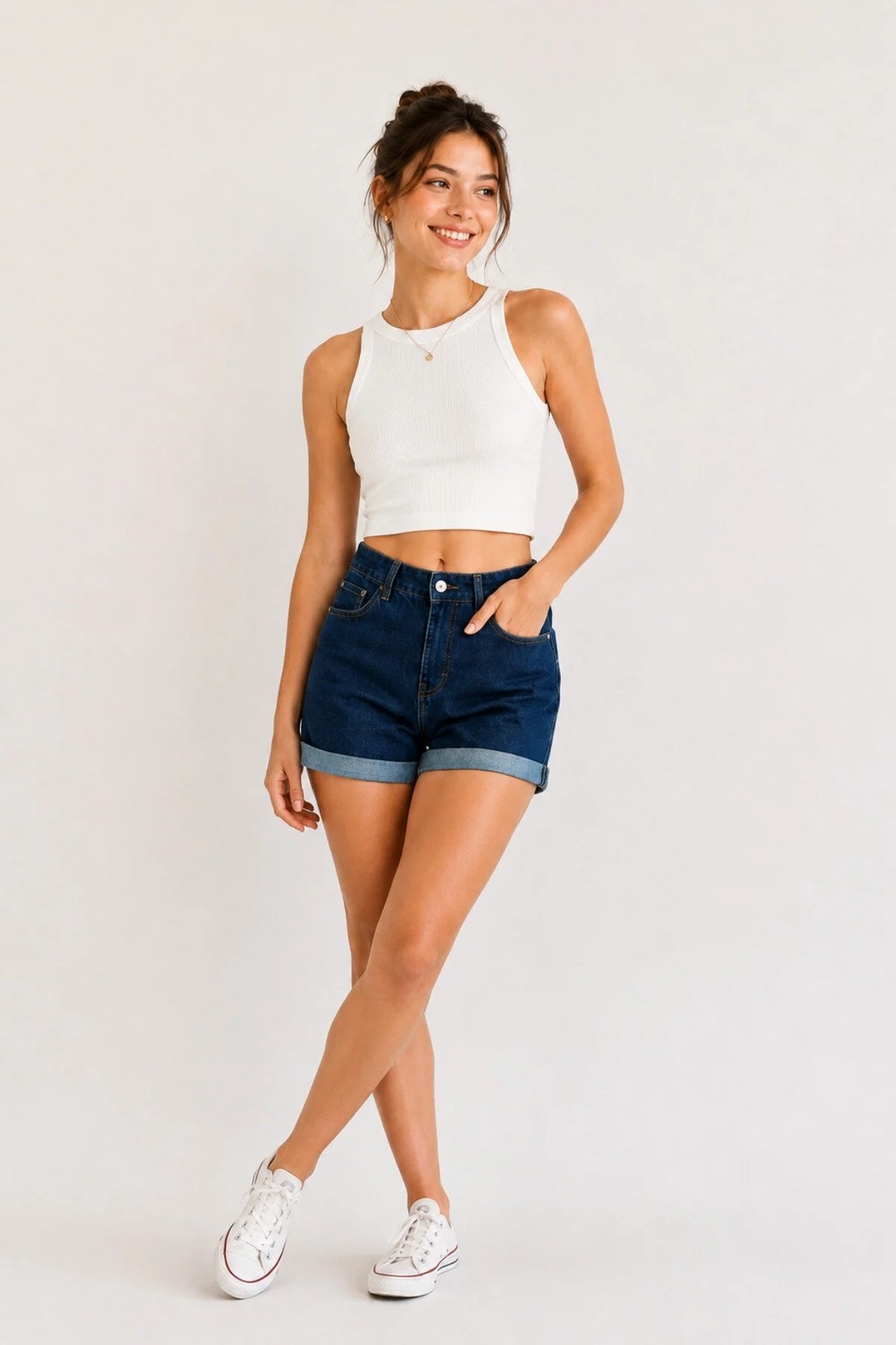 Woddi Liva Ters Paça Detaylı Kadın Lacivert Jeans Şort Günlük Esnek Denim Kot Şort görsel 2