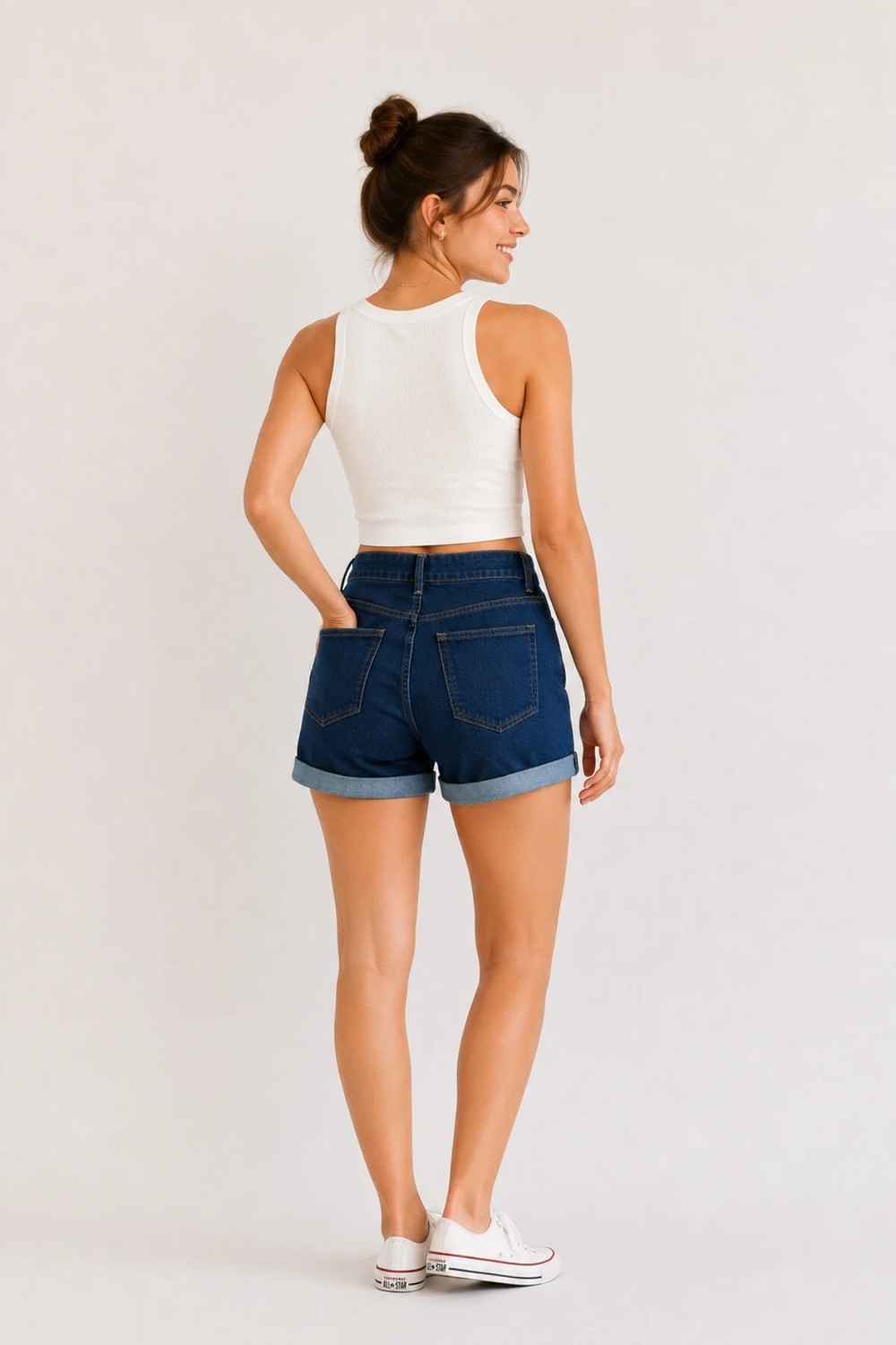 Woddi Liva Ters Paça Detaylı Kadın Lacivert Jeans Şort Günlük Esnek Denim Kot Şort görsel 3