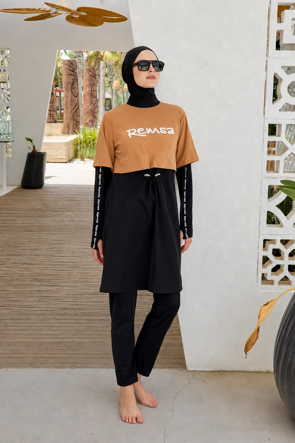 Remsa Mayo Spor Likra Logo Detay Tam Kapalı Tesettür Mayo R140 Camel