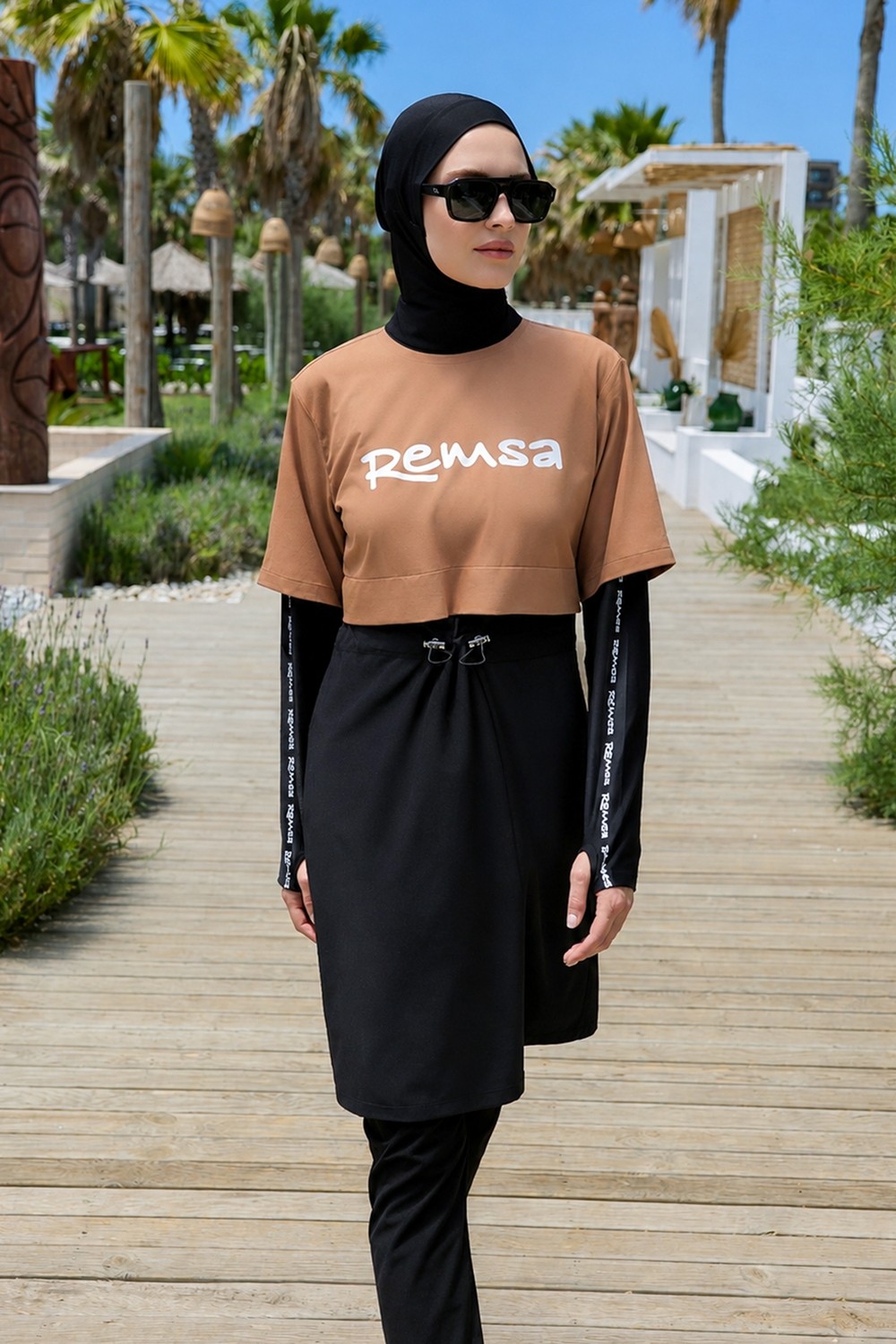 Remsa Mayo Spor Likra Logo Detay Tam Kapalı Tesettür Mayo R140 Camel görsel 2