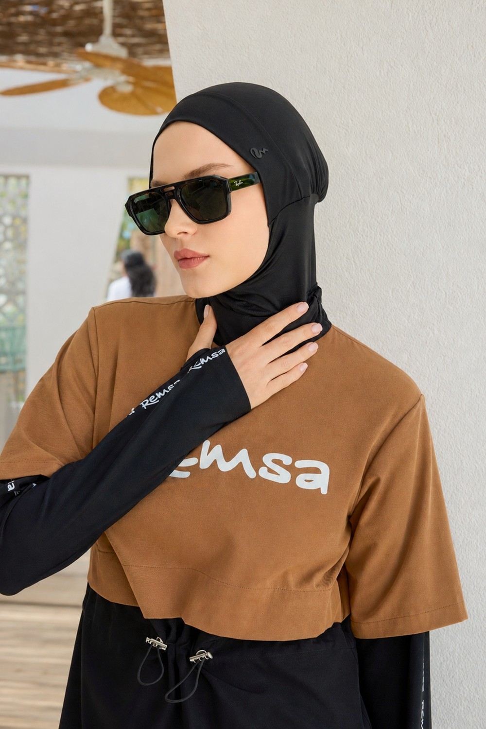 Remsa Mayo Spor Likra Logo Detay Tam Kapalı Tesettür Mayo R140 Camel görsel 3