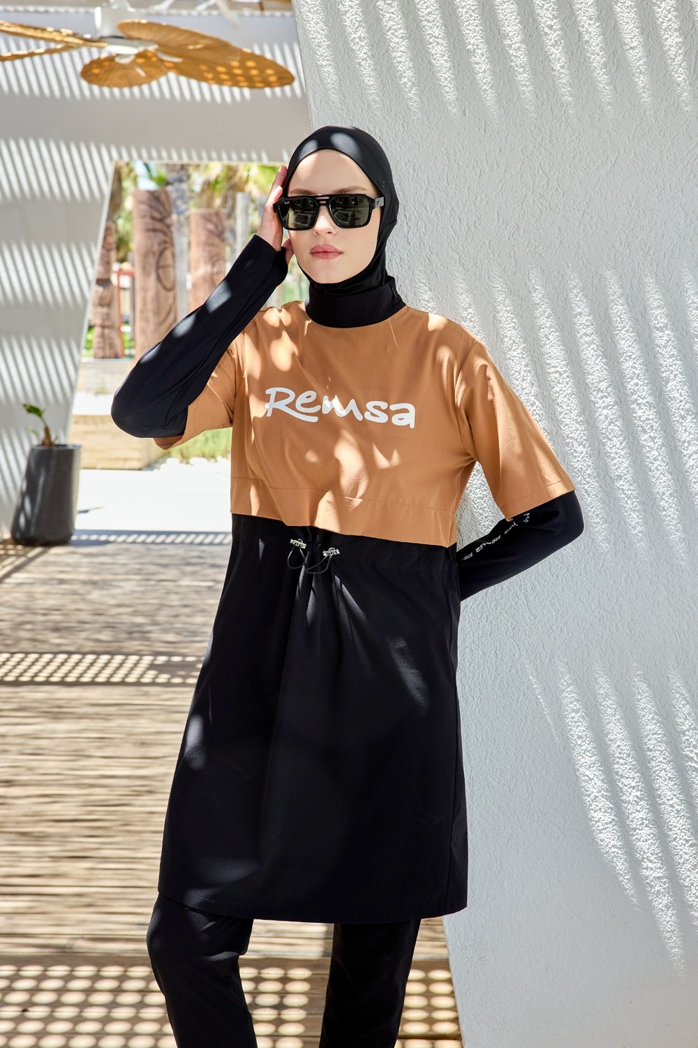 Remsa Mayo Spor Likra Logo Detay Tam Kapalı Tesettür Mayo R140 Camel görsel 4