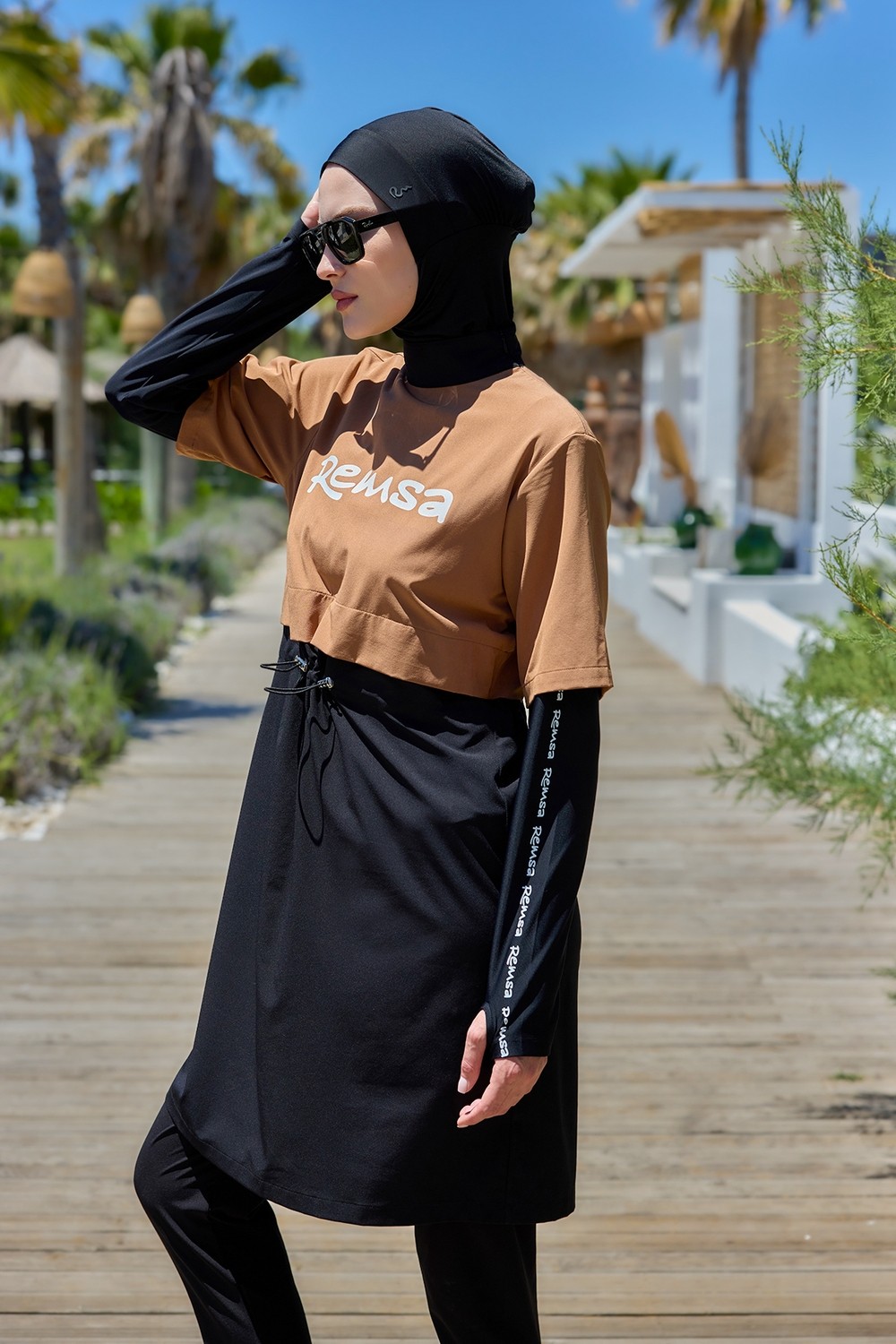 Remsa Mayo Spor Likra Logo Detay Tam Kapalı Tesettür Mayo R140 Camel görsel 5