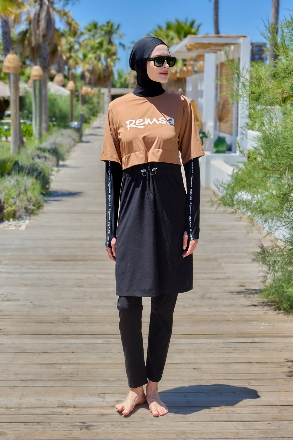 Remsa Mayo Spor Likra Logo Detay Tam Kapalı Tesettür Mayo R140 Camel görsel 7