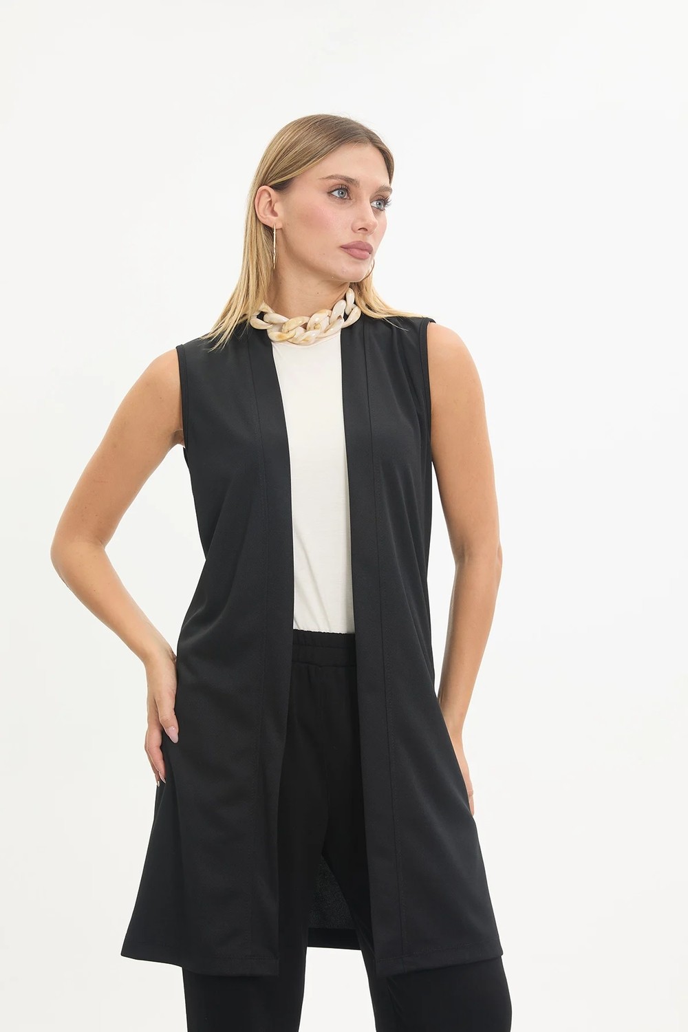 Kado Outlet Kado Online Kadın Uzun Kolsuz Rahat Kesim Şık Yelek Siyah